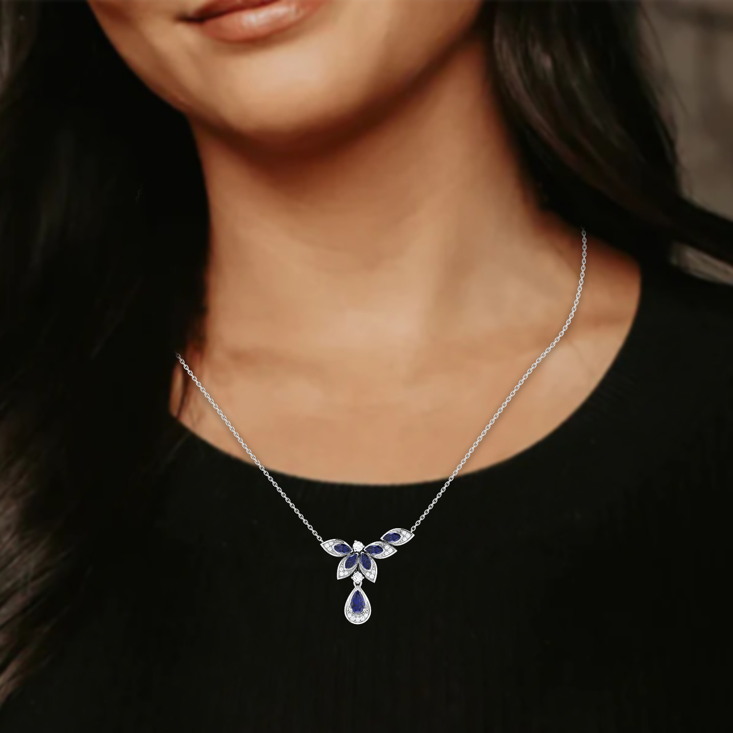 Flower Diamond & Blue Stone Necklace in 18K Gold - 2 Flower Diamond & Blue Stone Necklace in 18K Gold - 2