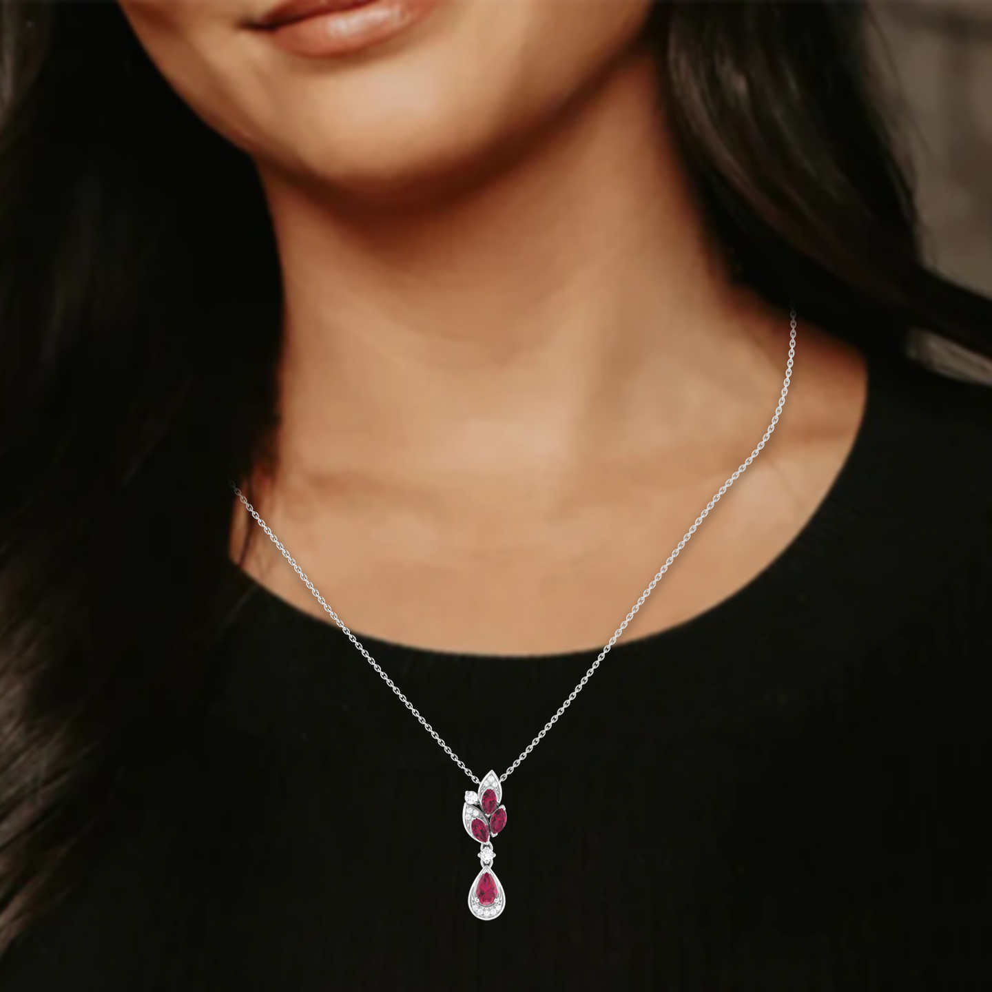 Multi-shaped Diamond & Red Stone Necklace in 18K Gold - 2 Multi-shaped Diamond & Red Stone Necklace in 18K Gold - 2