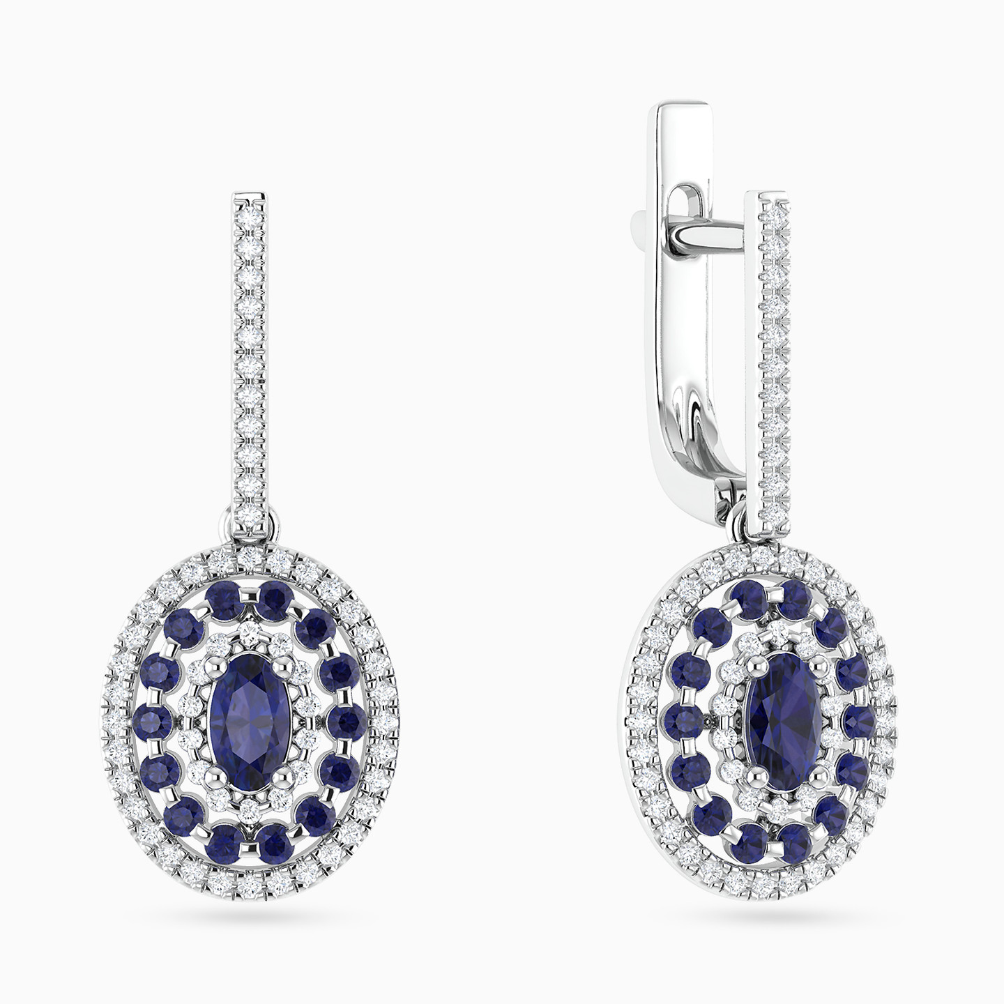 Oval Diamond & Blue Stone Hoop Earrings in 18K Gold - 2 Oval Diamond & Blue Stone Hoop Earrings in 18K Gold - 2