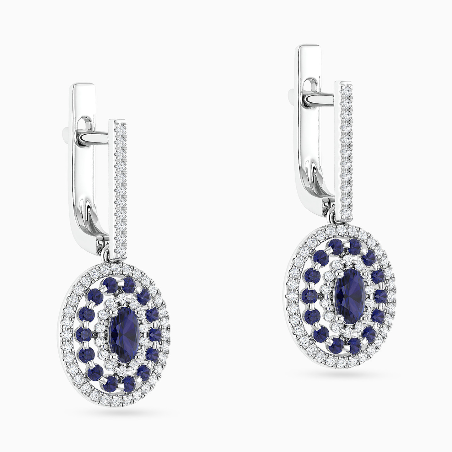 Oval Diamond & Blue Stone Hoop Earrings in 18K Gold - 4 Oval Diamond & Blue Stone Hoop Earrings in 18K Gold - 4