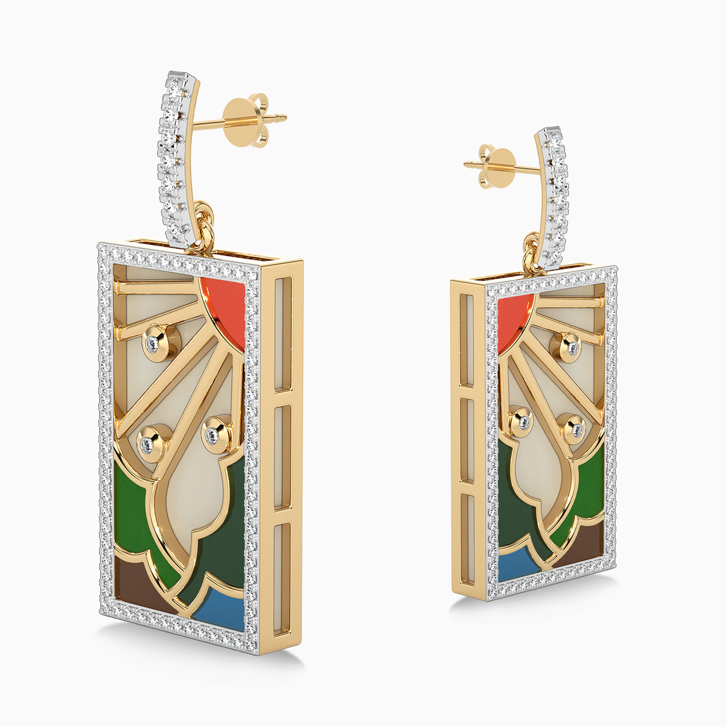 Rectangle Diamond & Enamel Coated Drop Earrings in 18K Gold - 3 Rectangle Diamond & Enamel Coated Drop Earrings in 18K Gold - 3
