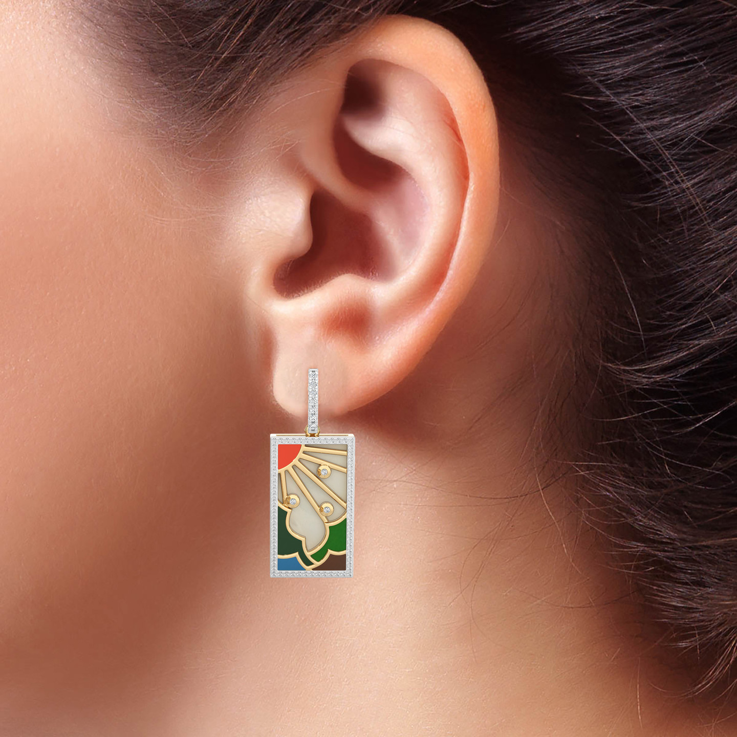 Rectangle Diamond & Enamel Coated Drop Earrings in 18K Gold - 4 Rectangle Diamond & Enamel Coated Drop Earrings in 18K Gold - 4