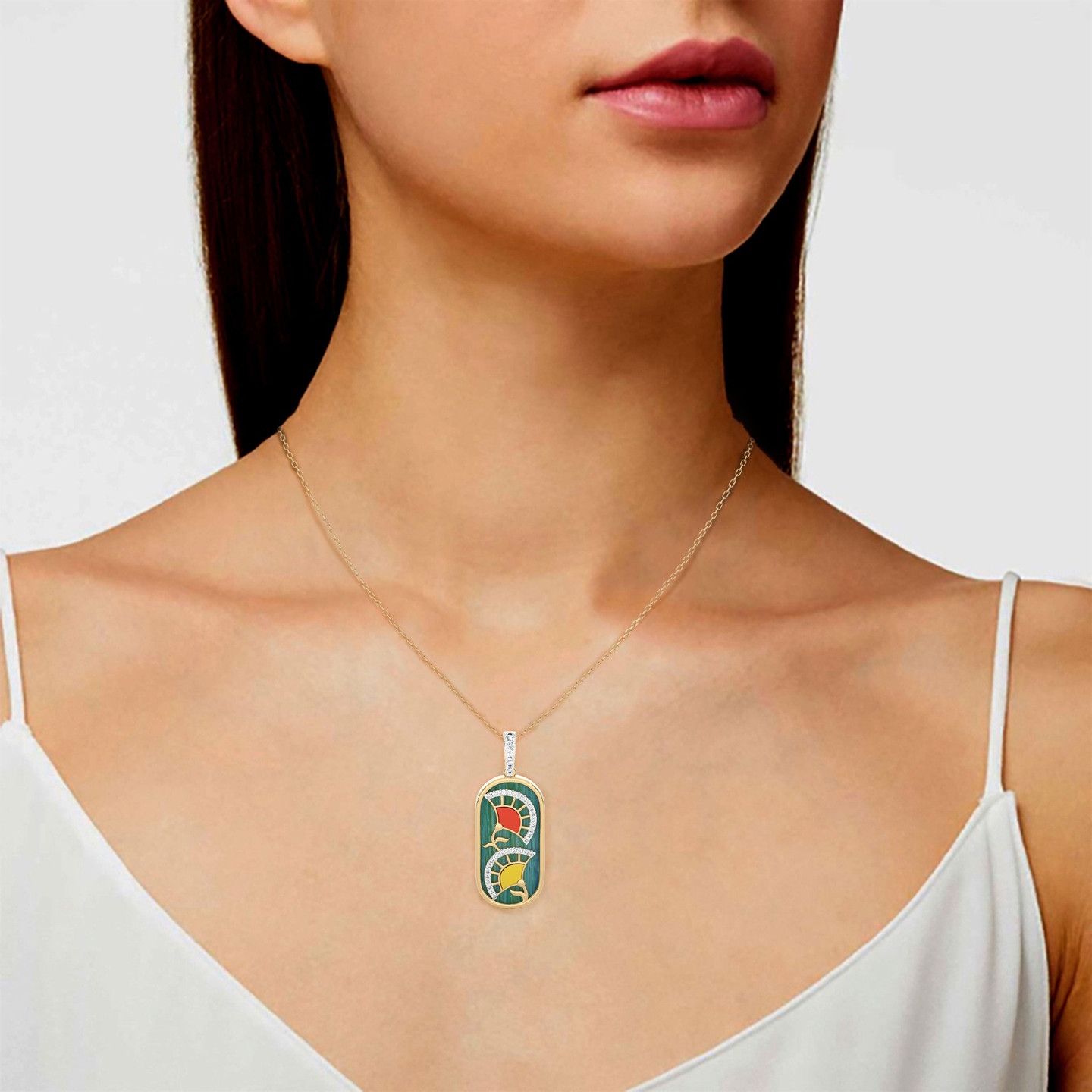 Tablet Diamond & Enamel Coated Pendant in 18K Gold - 4