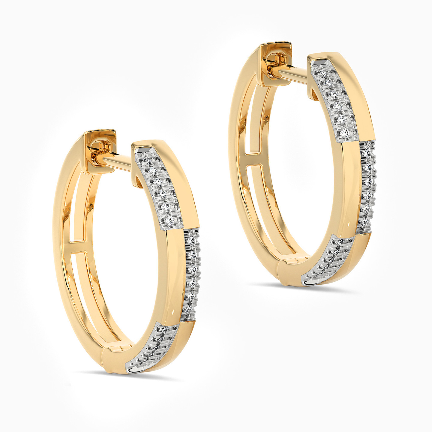 أقراط دائرية رفيعة ذهب عيار 18 قيراط مزينة بالألماس   - 3