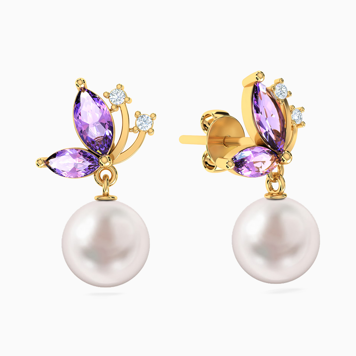 Flower Pearls & Purple Stone Drop Earrings in 18K Gold - 2 Flower Pearls & Purple Stone Drop Earrings in 18K Gold - 2