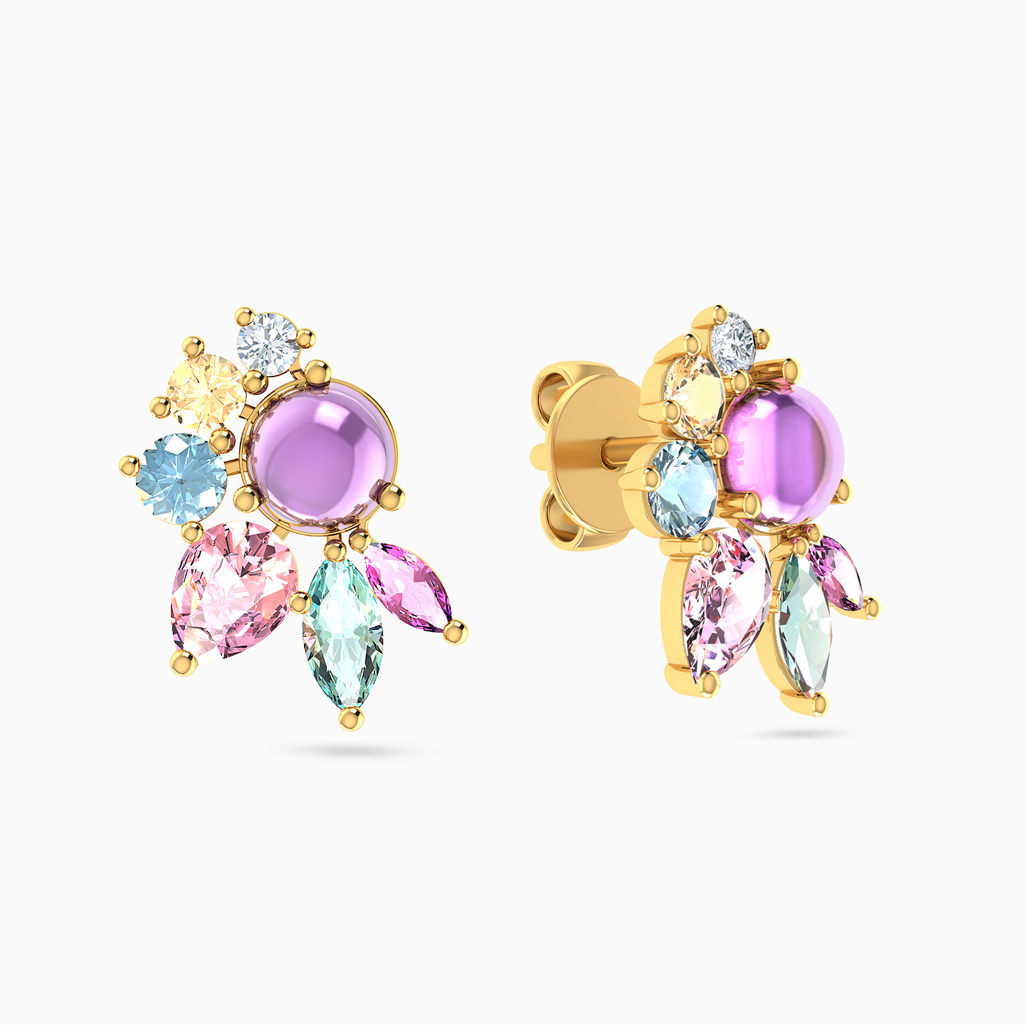 Flower Colored Stones Stud Earrings in 18K Gold - 2 Flower Colored Stones Stud Earrings in 18K Gold - 2