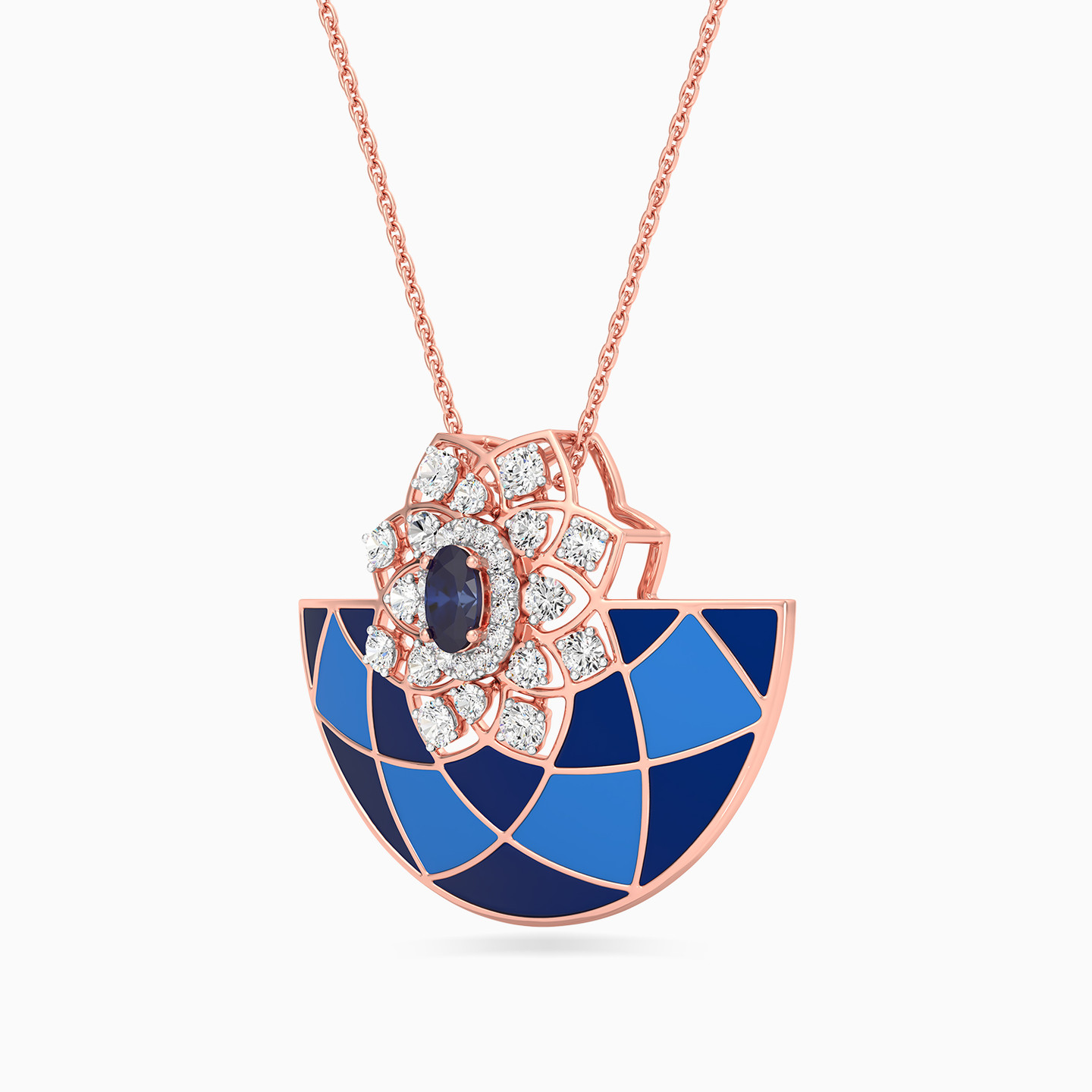 Semi-circle Diamond Colored Stones & Enamel Coated Necklace in 18K Gold - 2 Semi-circle Diamond Colored Stones & Enamel Coated Necklace in 18K Gold - 2