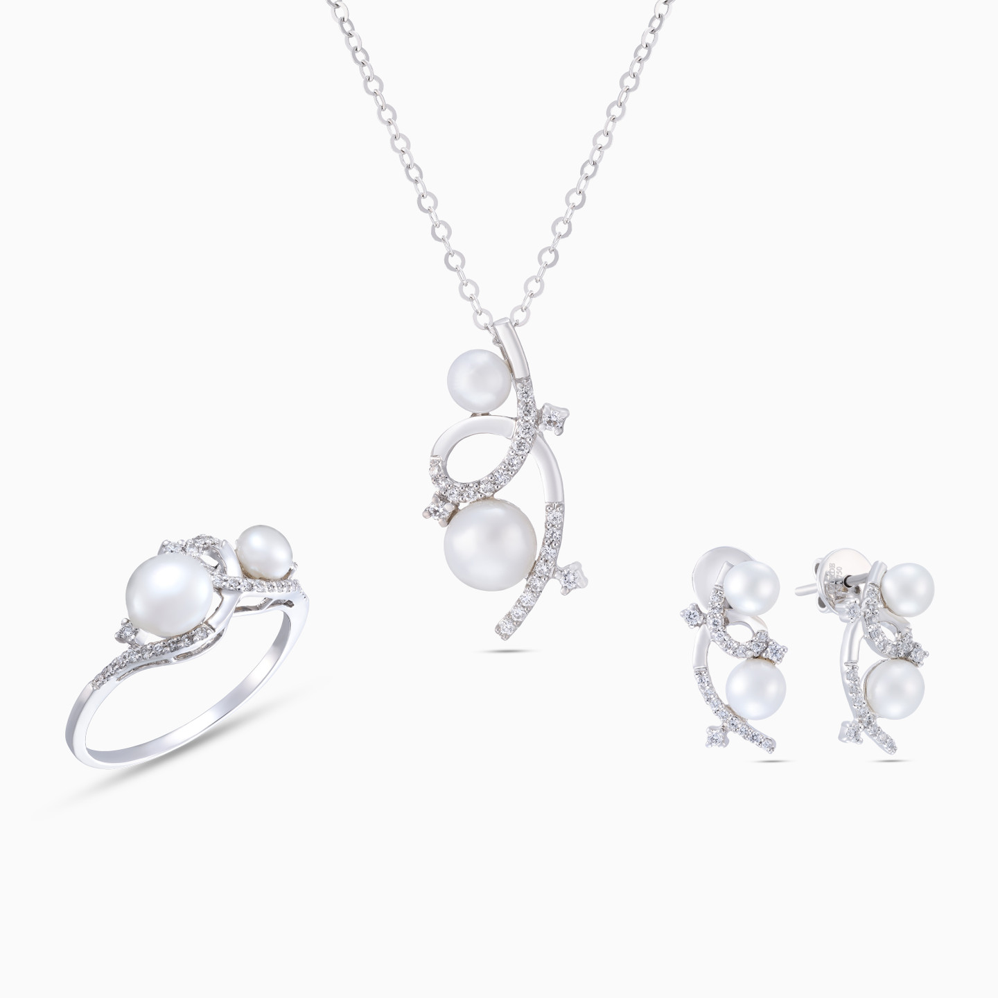 Wave Diamond & Pearl Half Set in 18K Gold (3 Pieces) - 2 Wave Diamond & Pearl Half Set in 18K Gold (3 Pieces) - 2