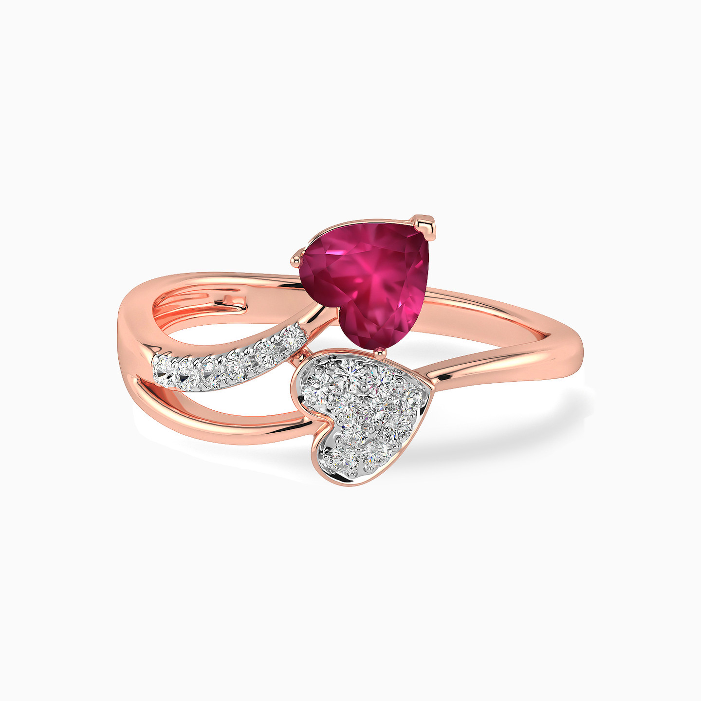 Hearts Diamond & Pink Stone Bypass Ring in 18K Gold - 2 Hearts Diamond & Pink Stone Bypass Ring in 18K Gold - 2
