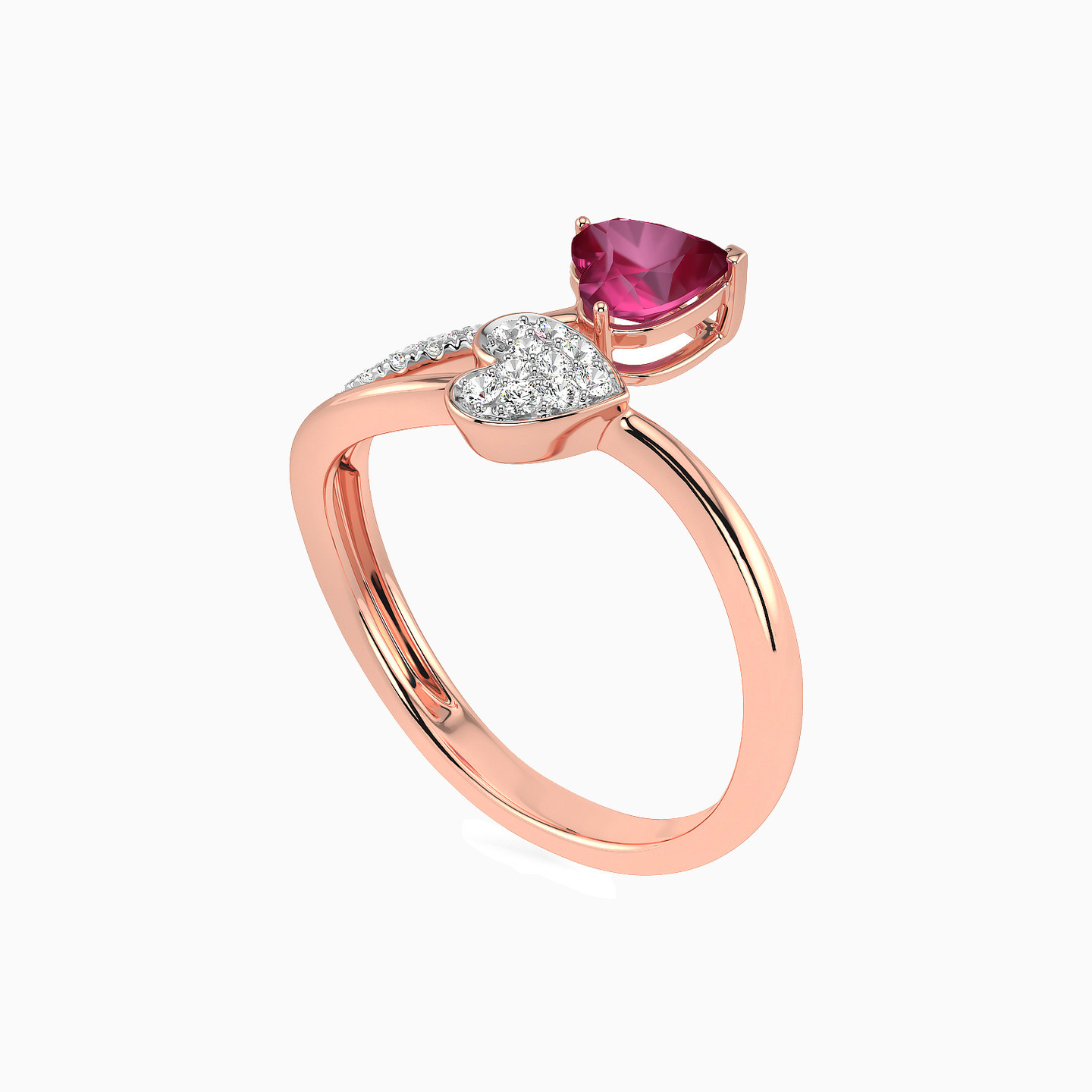 Hearts Diamond & Pink Stone Bypass Ring in 18K Gold - 3 Hearts Diamond & Pink Stone Bypass Ring in 18K Gold - 3