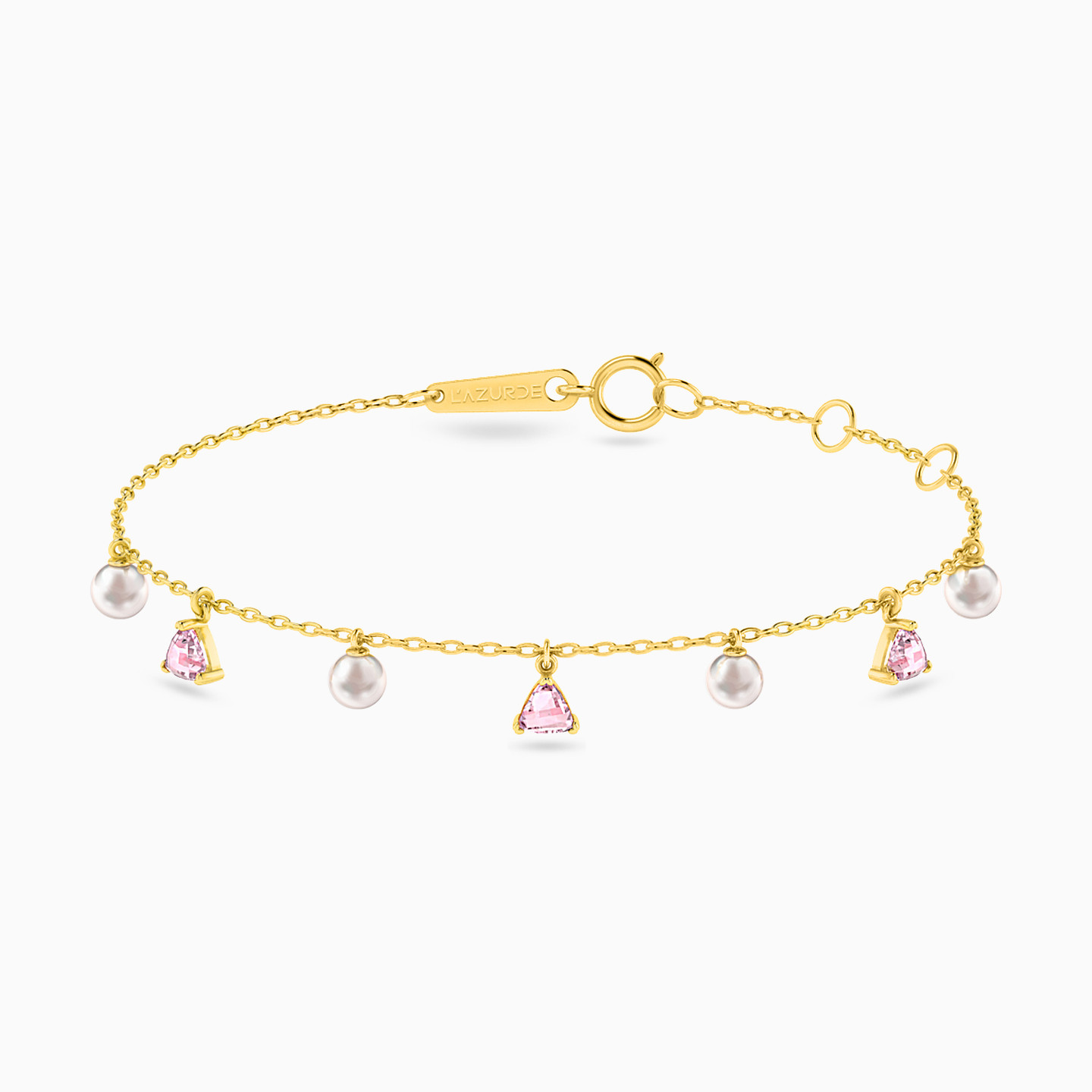 Triangle Pearls & Purple Stone Charm Bracelet in 18K Gold Triangle Pearls & Purple Stone Charm Bracelet in 18K Gold