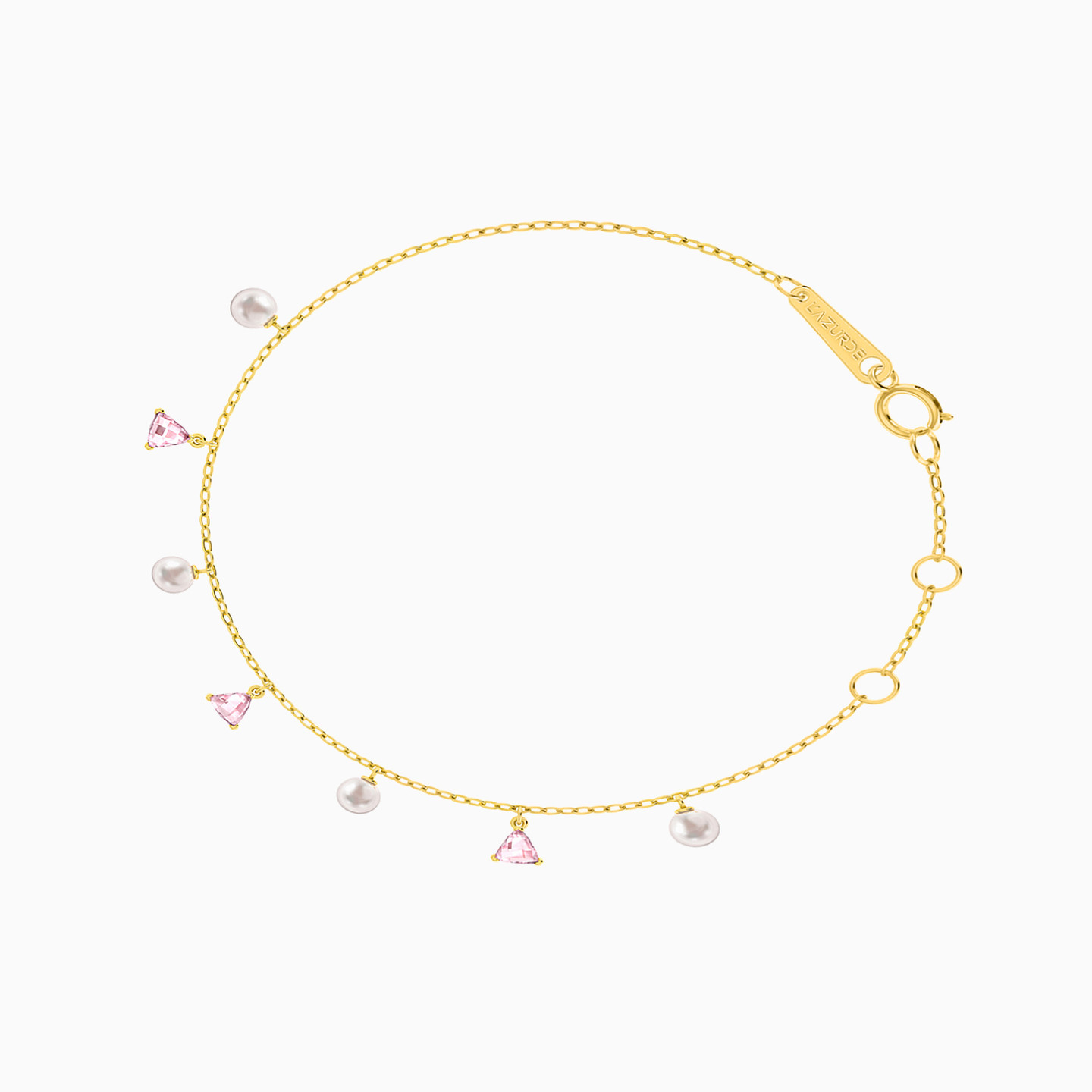 Triangle Pearls & Purple Stone Charm Bracelet in 18K Gold - 2 Triangle Pearls & Purple Stone Charm Bracelet in 18K Gold - 2