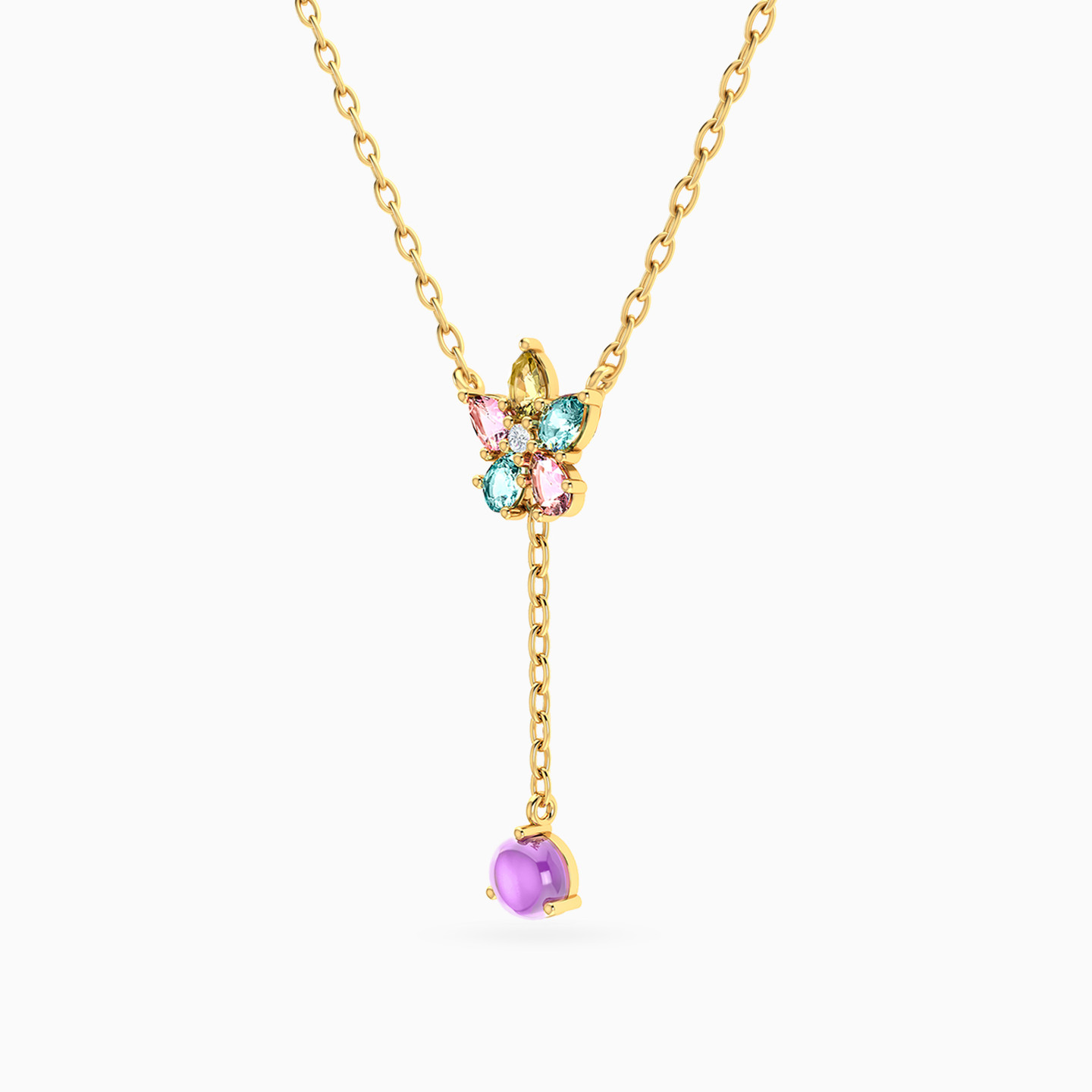 Flower Colored Stones Necklace in 18K Gold - 2 Flower Colored Stones Necklace in 18K Gold - 2