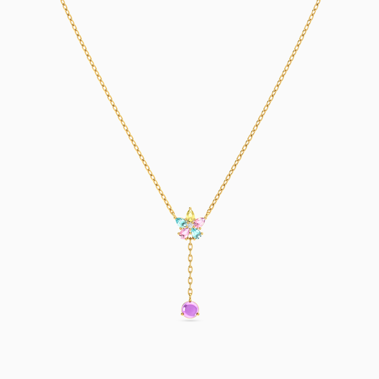 Flower Colored Stones Necklace in 18K Gold - 3 Flower Colored Stones Necklace in 18K Gold - 3