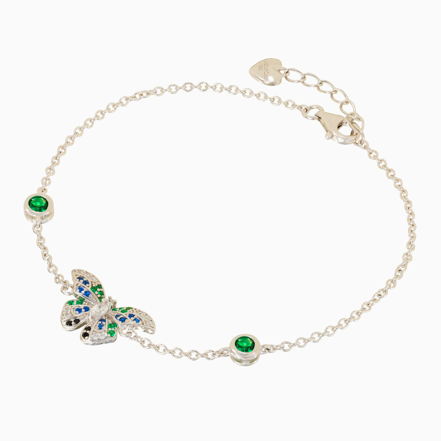 Butterfly Shaped Colored Stones Sterling Silver Chain Bracelet - 2