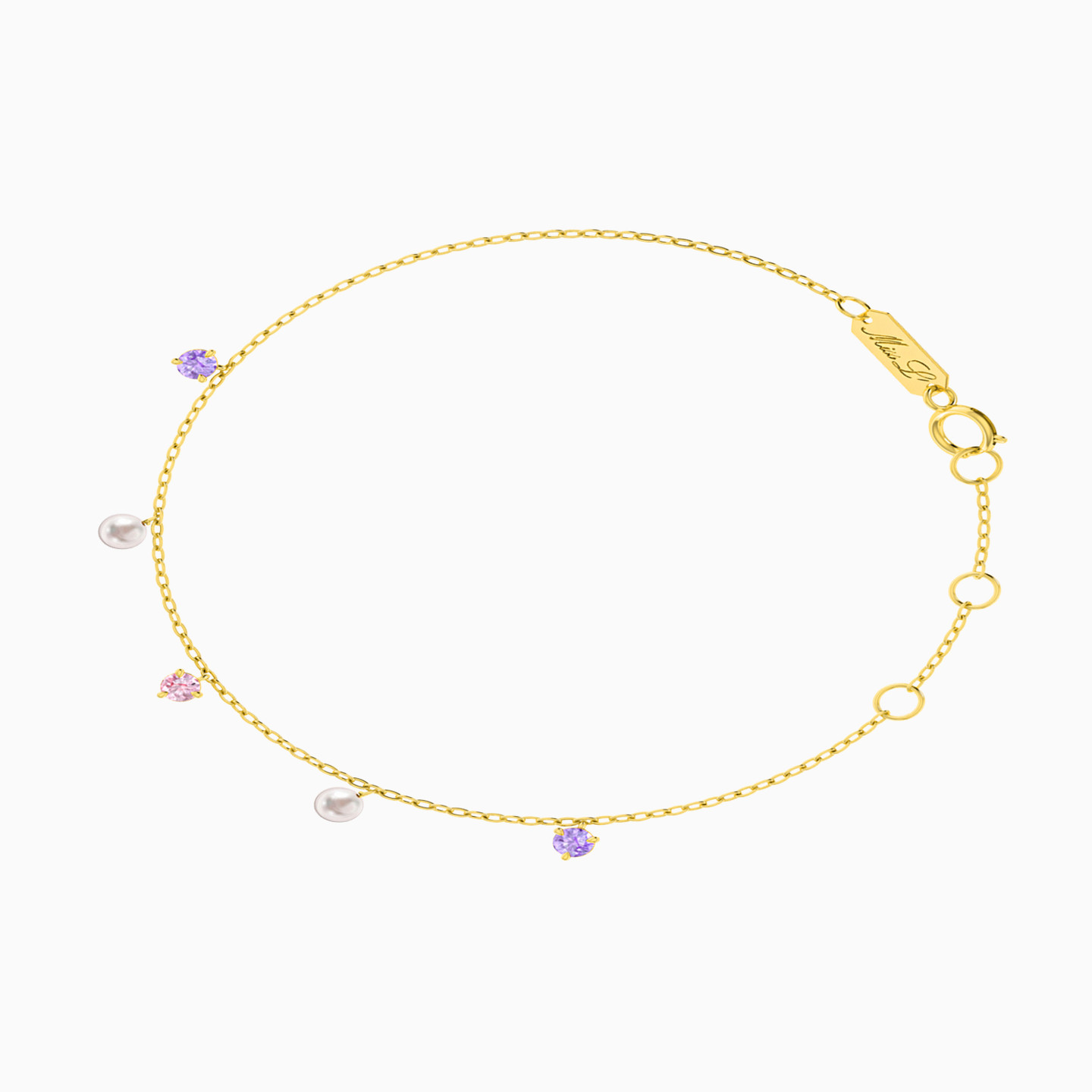 Round Colored Stones Chain Anklet in 18K Gold - 2 Round Colored Stones Chain Anklet in 18K Gold - 2