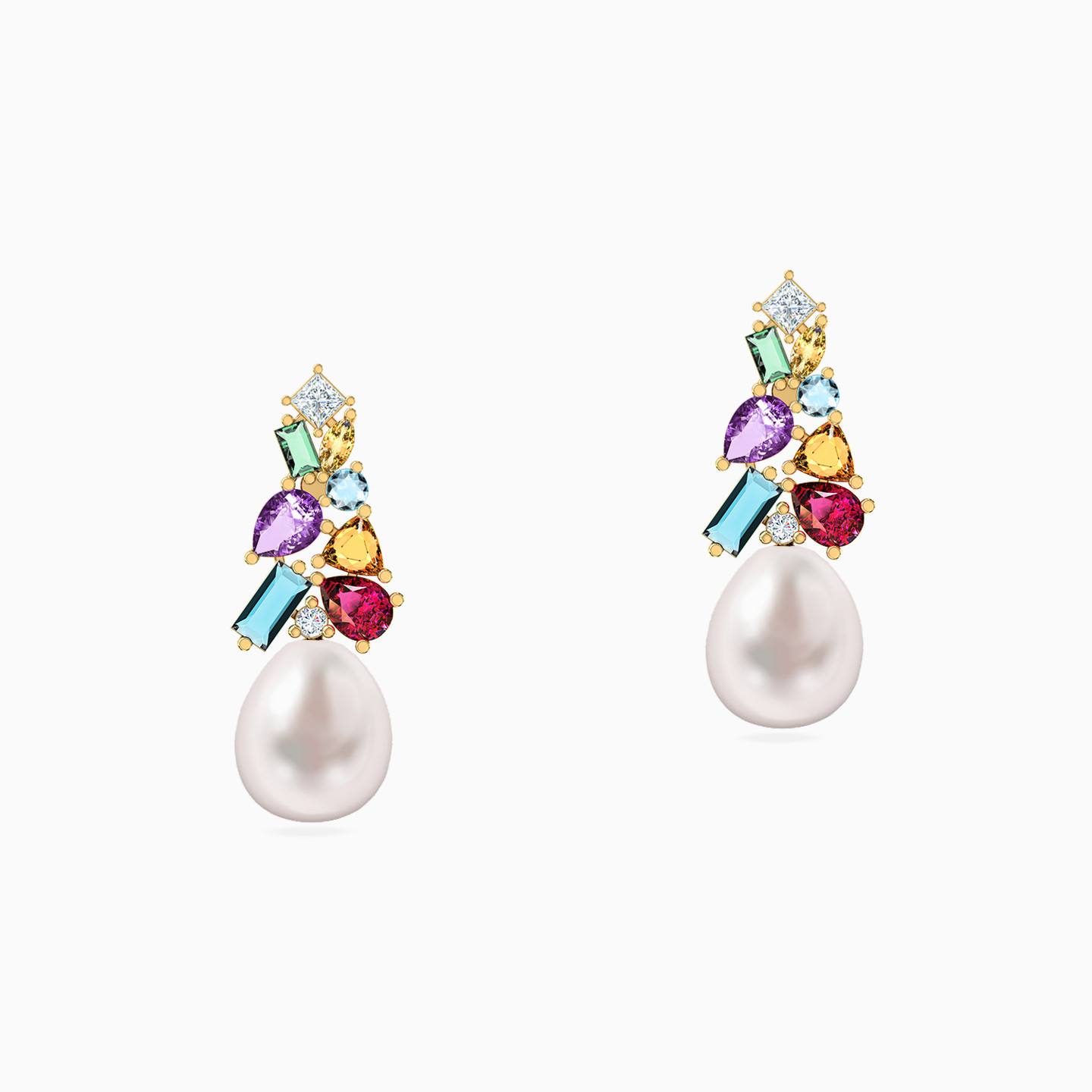 18K Gold Pearls & Colored Stones Stud Earrings