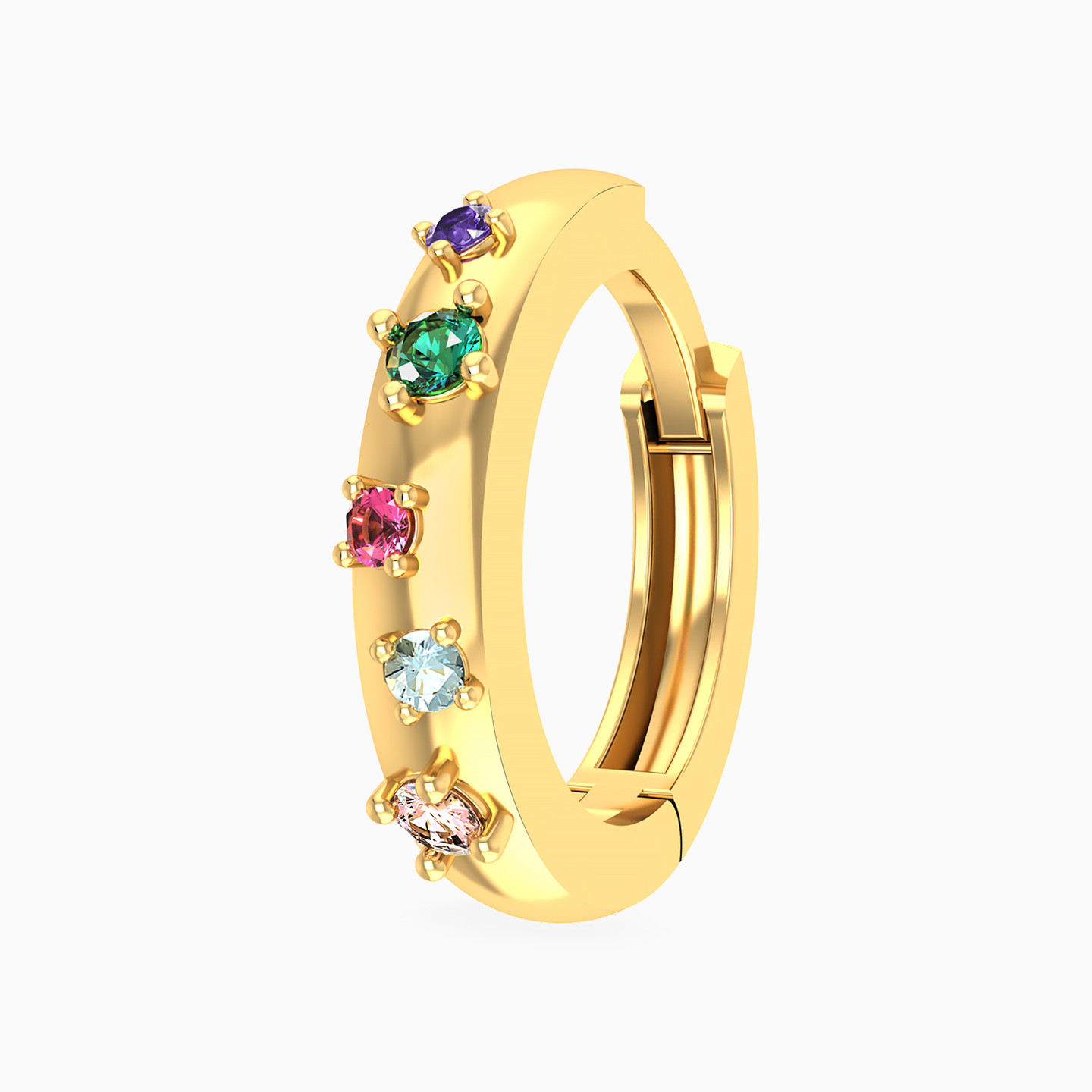 Round Shaped Colored Stones Hoop Earring in 18K Gold - 1 Piece - 3 Round Shaped Colored Stones Hoop Earring in 18K Gold - 1 Piece - 3