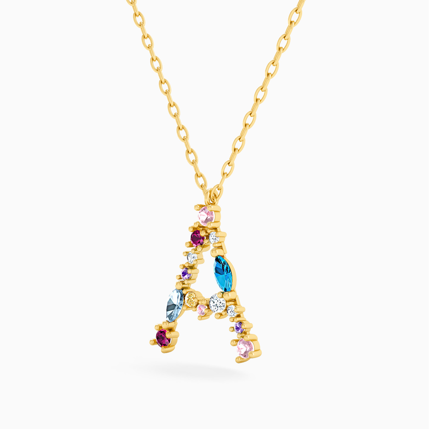 Letter A Colored Stones Necklace in 18K Gold - 2 Letter A Colored Stones Necklace in 18K Gold - 2