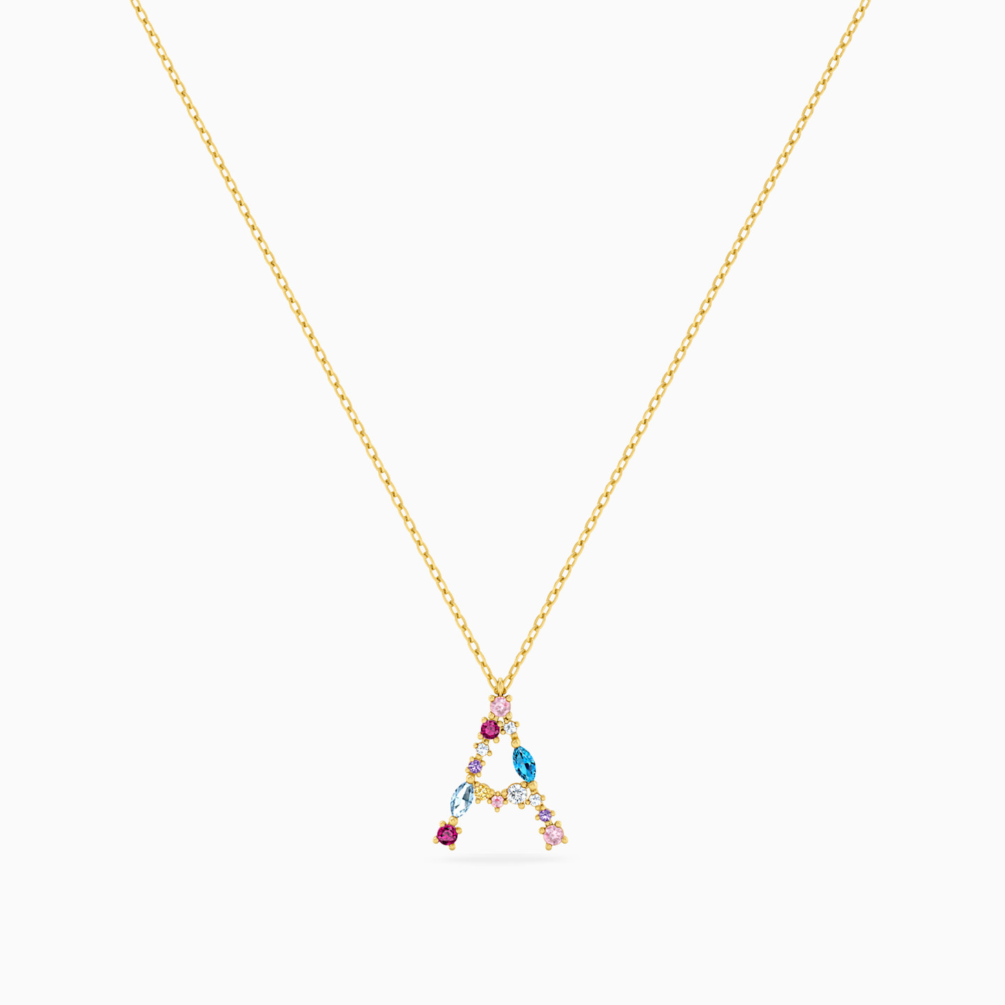 Letter A Shaped Colored Stones Pendant with 18K Gold Chain - 3