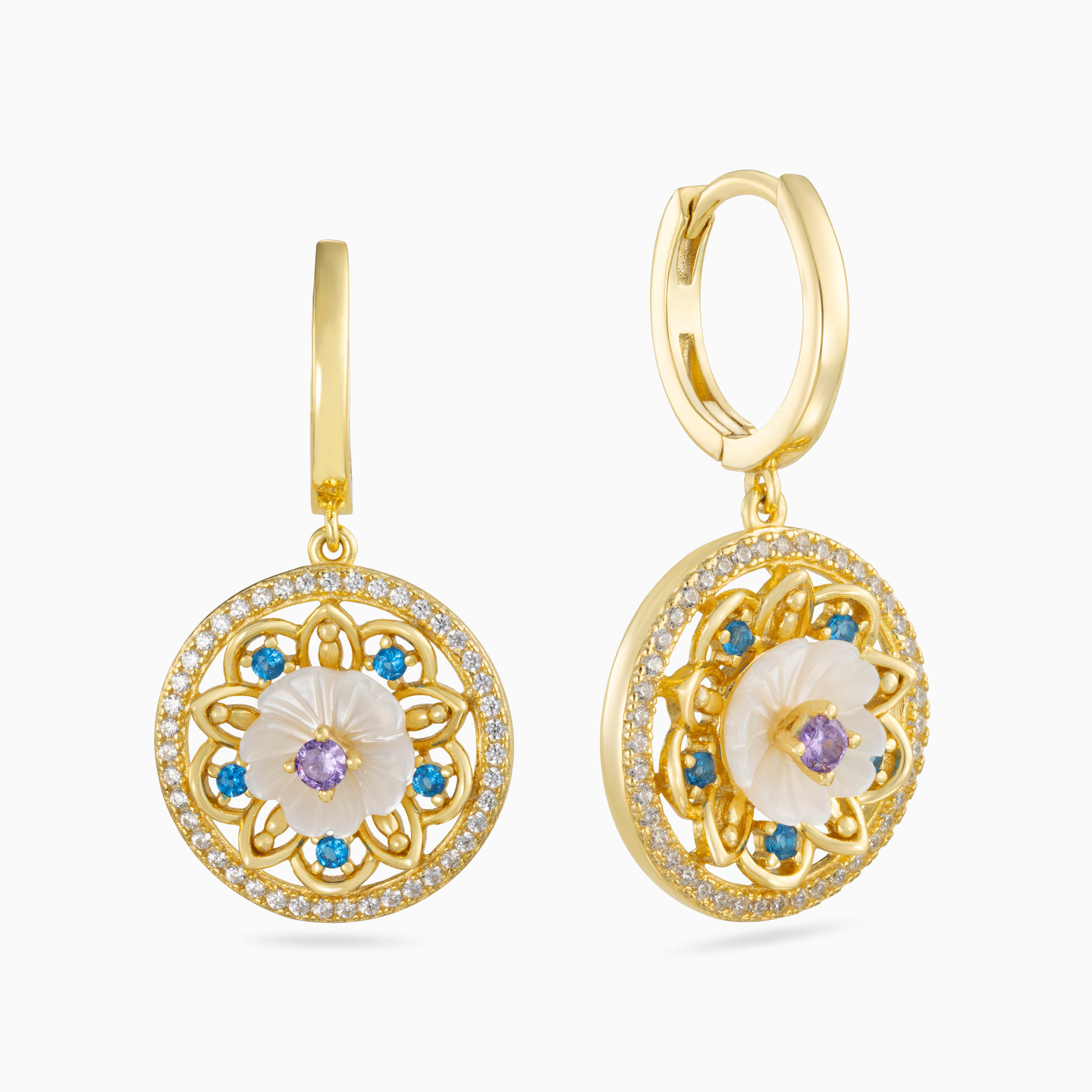 أقراط متدلية مطلية بالذهب دائرية مزينة بالأحجار الملونة - 2 أقراط متدلية مطلية بالذهب دائرية مزينة بالأحجار الملونة - 2