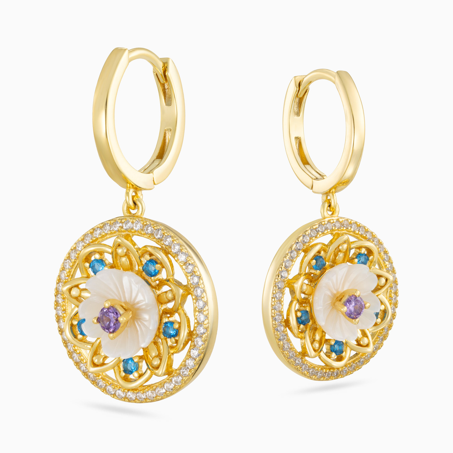 أقراط متدلية مطلية بالذهب دائرية مزينة بالأحجار الملونة - 3 أقراط متدلية مطلية بالذهب دائرية مزينة بالأحجار الملونة - 3