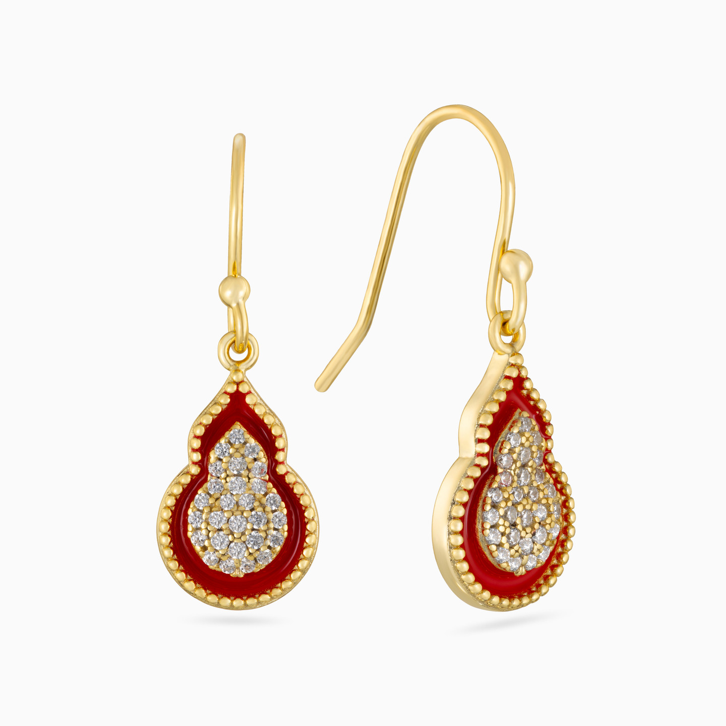 Pear Red Stone & Enamel Coated Gold Plated Drop Earrings - 2 Pear Red Stone & Enamel Coated Gold Plated Drop Earrings - 2