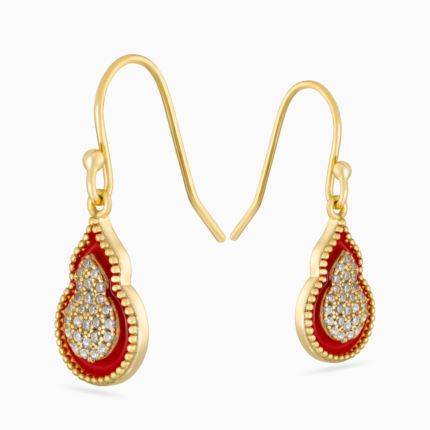 Pear Red Stone & Enamel Coated Gold Plated Drop Earrings - 3 Pear Red Stone & Enamel Coated Gold Plated Drop Earrings - 3