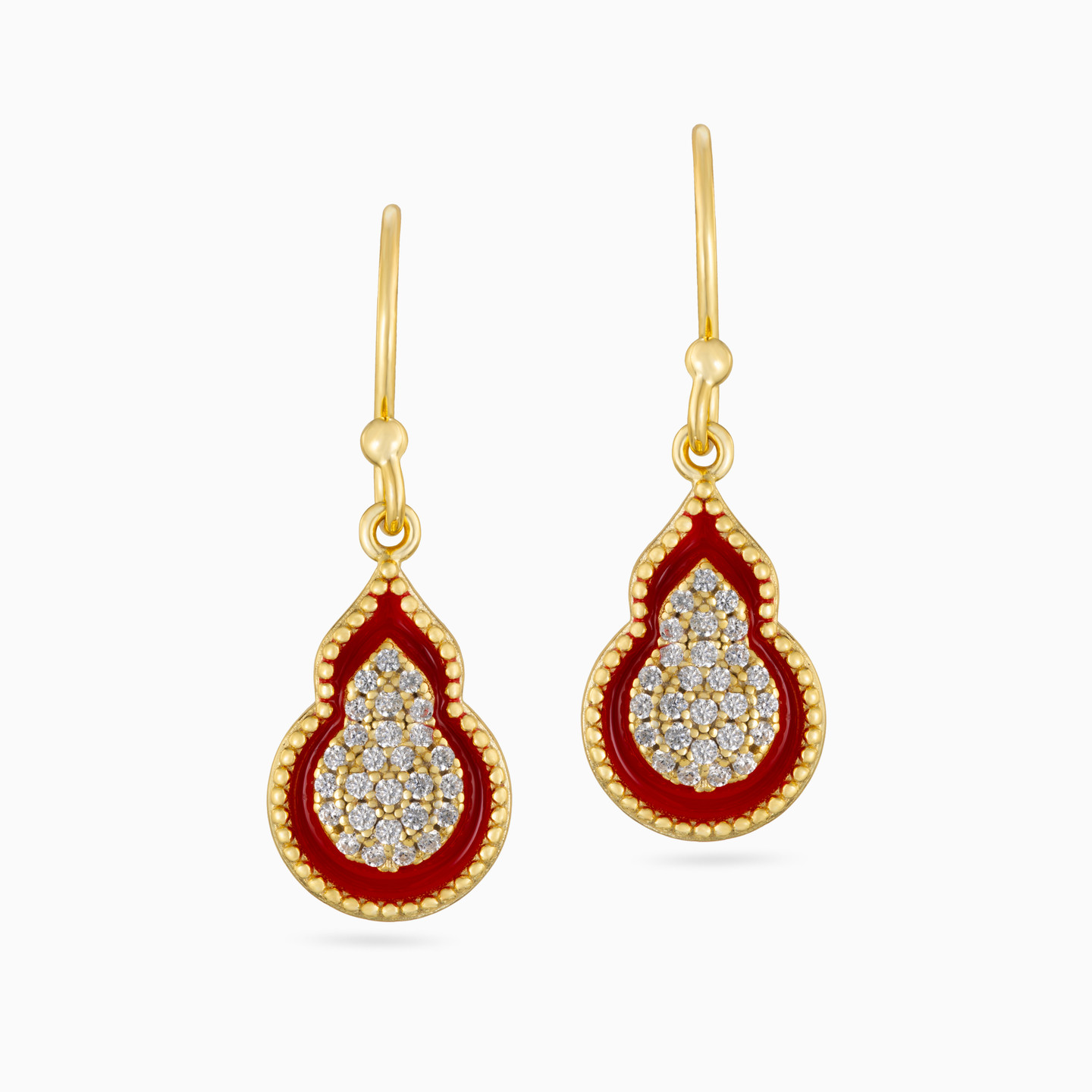 Pear Red Stone & Enamel Coated Gold Plated Drop Earrings - 3 Pear Red Stone & Enamel Coated Gold Plated Drop Earrings - 3