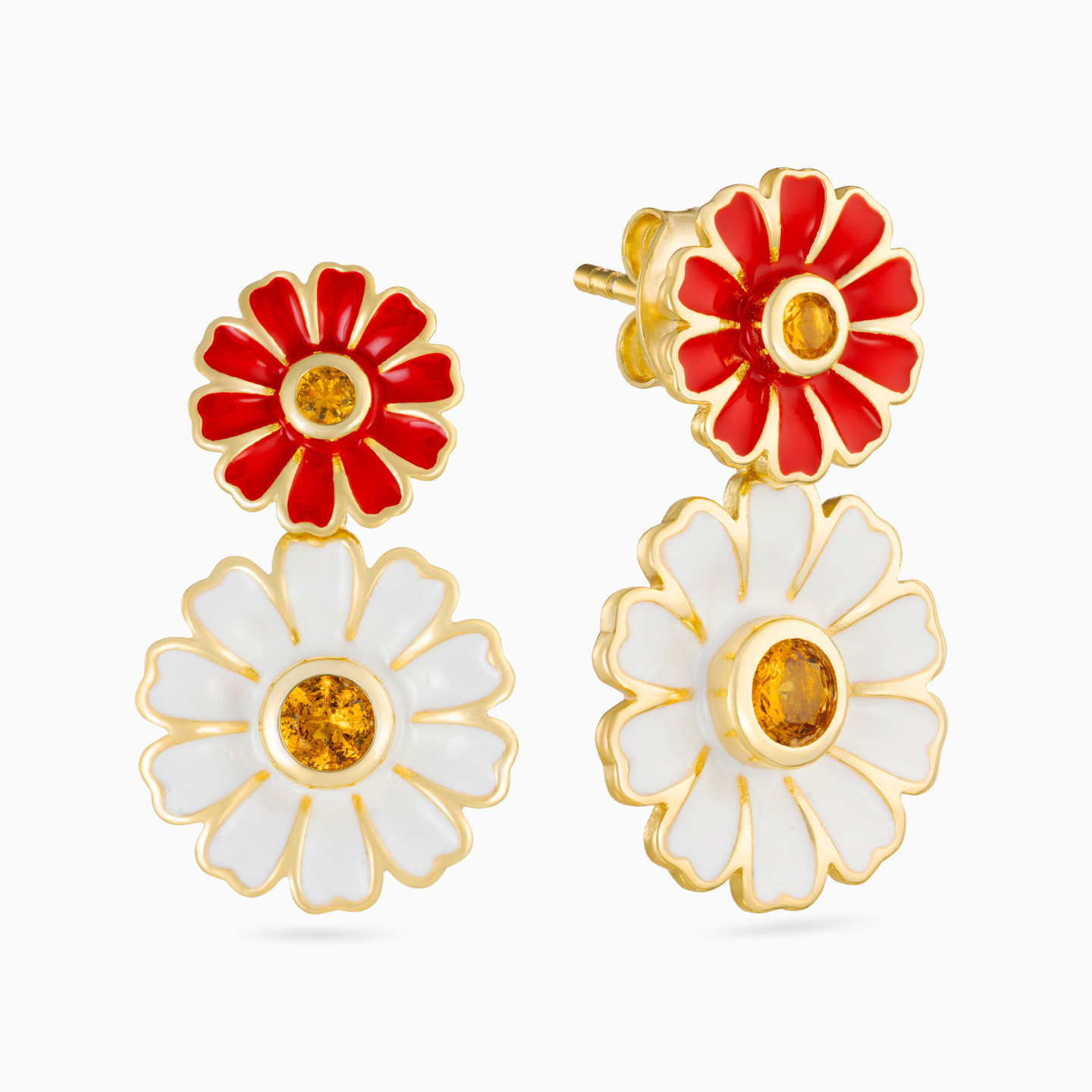 Flower Colored Stones & Enamel Coated Gold Plated Drop Earrings Flower Colored Stones & Enamel Coated Gold Plated Drop Earrings