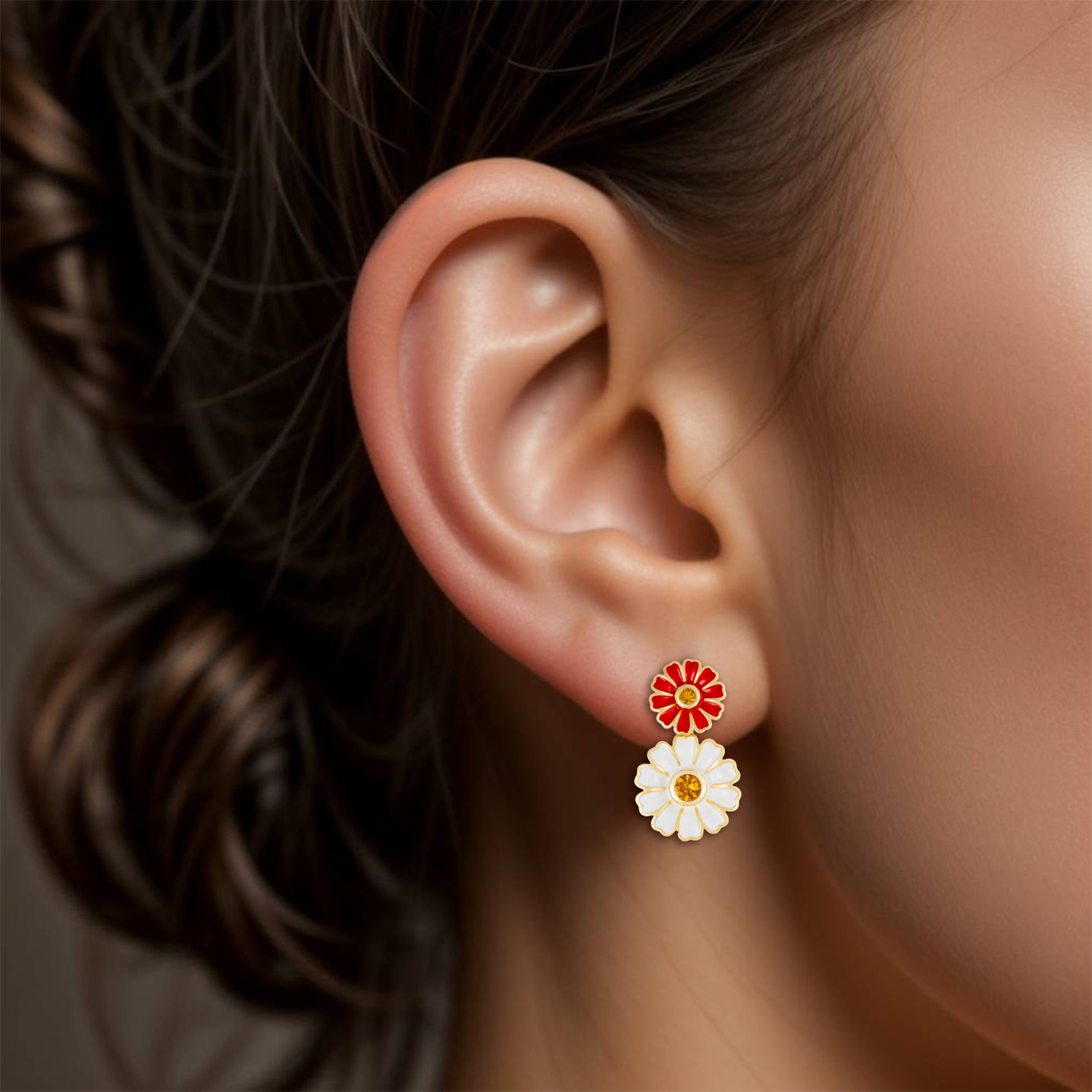 Flower Colored Stones & Enamel Coated Gold Plated Drop Earrings - 2 Flower Colored Stones & Enamel Coated Gold Plated Drop Earrings - 2