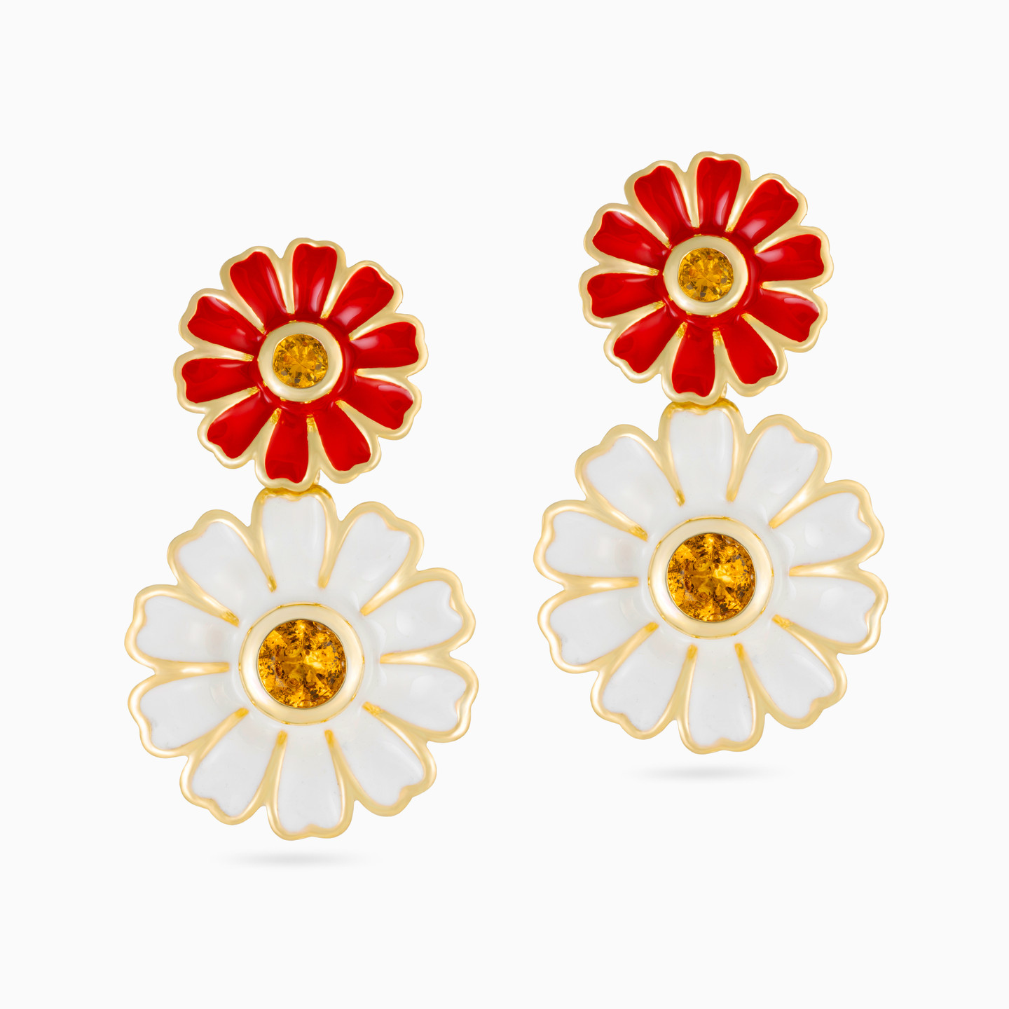 Flower Colored Stones & Enamel Coated Gold Plated Drop Earrings - 3 Flower Colored Stones & Enamel Coated Gold Plated Drop Earrings - 3