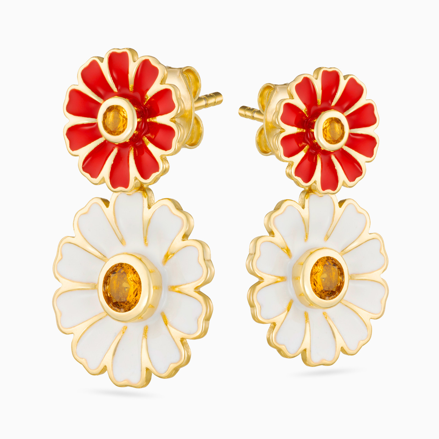 Flower Colored Stones & Enamel Coated Gold Plated Drop Earrings - 4 Flower Colored Stones & Enamel Coated Gold Plated Drop Earrings - 4