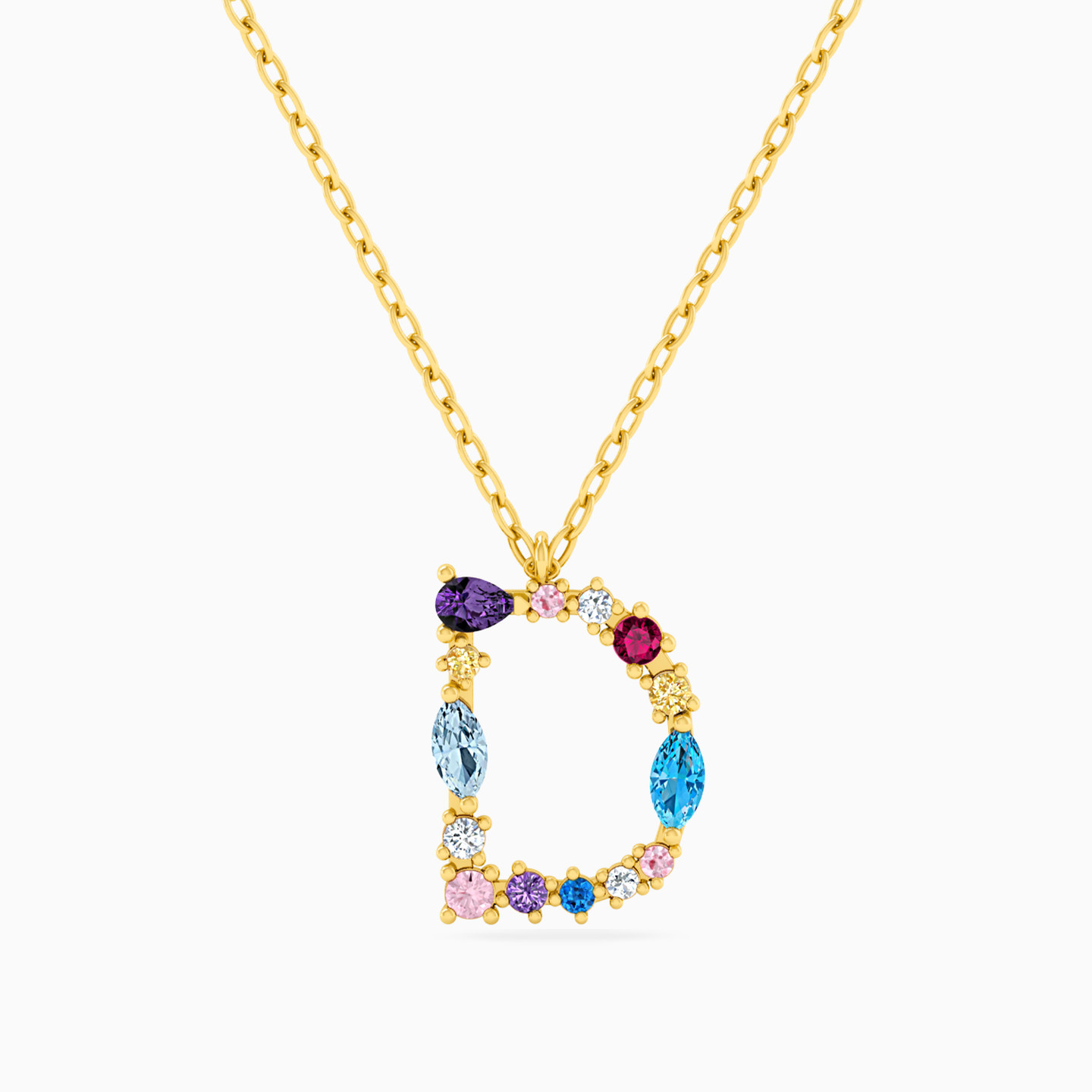 Letter D Shaped Colored Stones Pendant with 18K Gold Chain