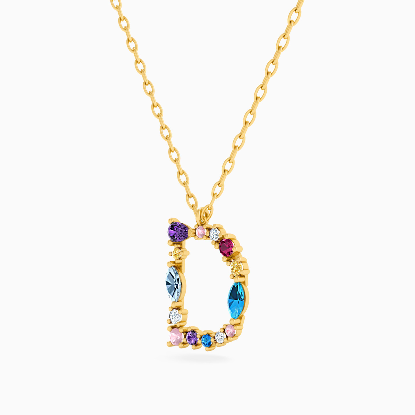 Letter D Shaped Colored Stones Pendant with 18K Gold Chain - 2