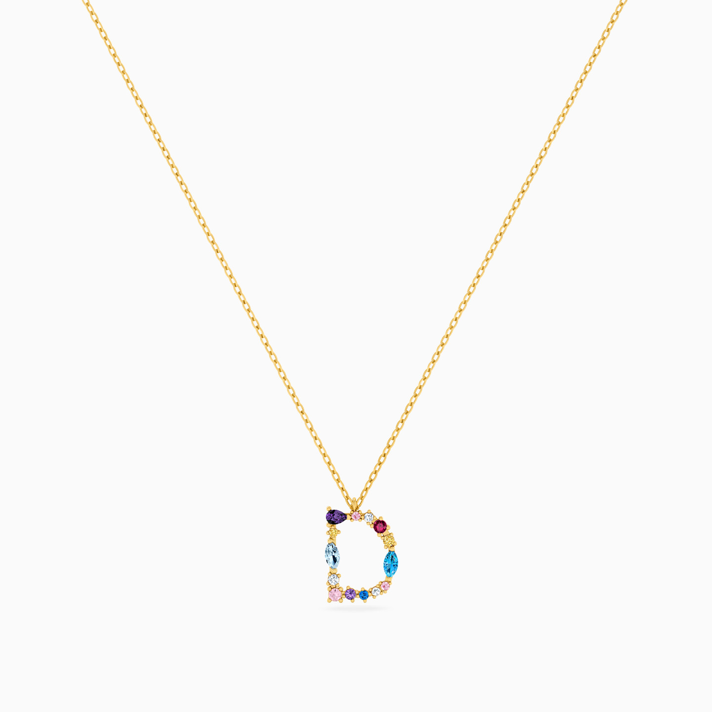 Letter D Shaped Colored Stones Pendant with 18K Gold Chain - 3