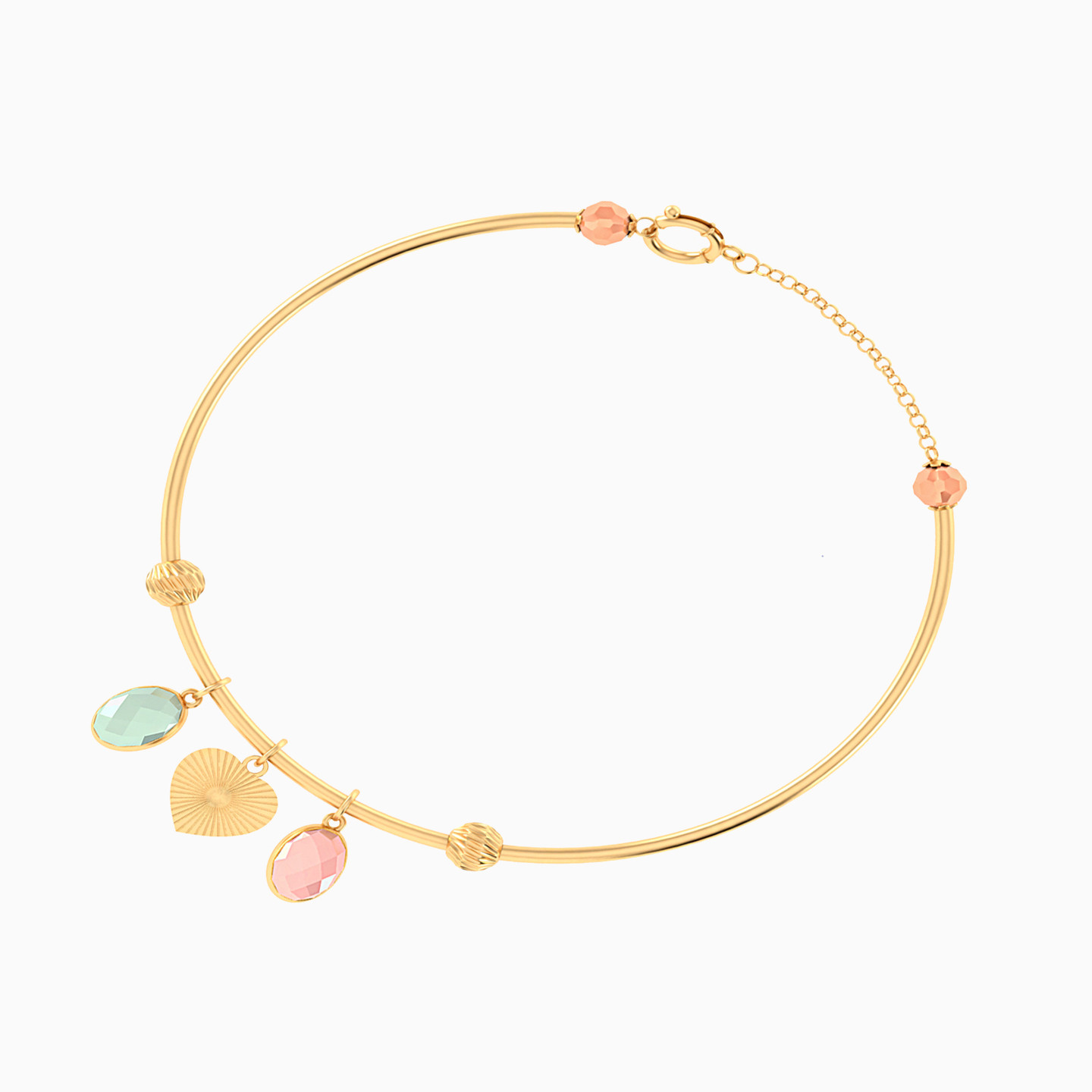 Heart Colored Stones Bangle Bracelet in 18K Gold - 2 Heart Colored Stones Bangle Bracelet in 18K Gold - 2
