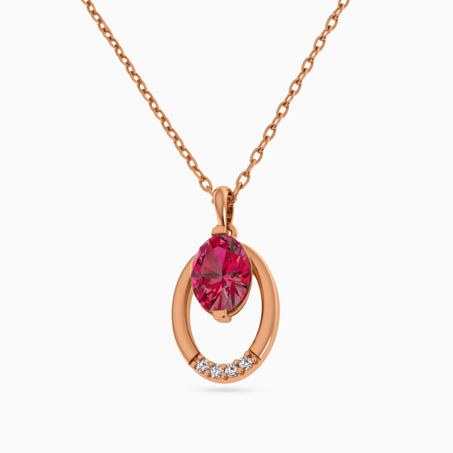 Oval Diamond & Rose Stone Necklace in 18K Gold - 2 Oval Diamond & Rose Stone Necklace in 18K Gold - 2