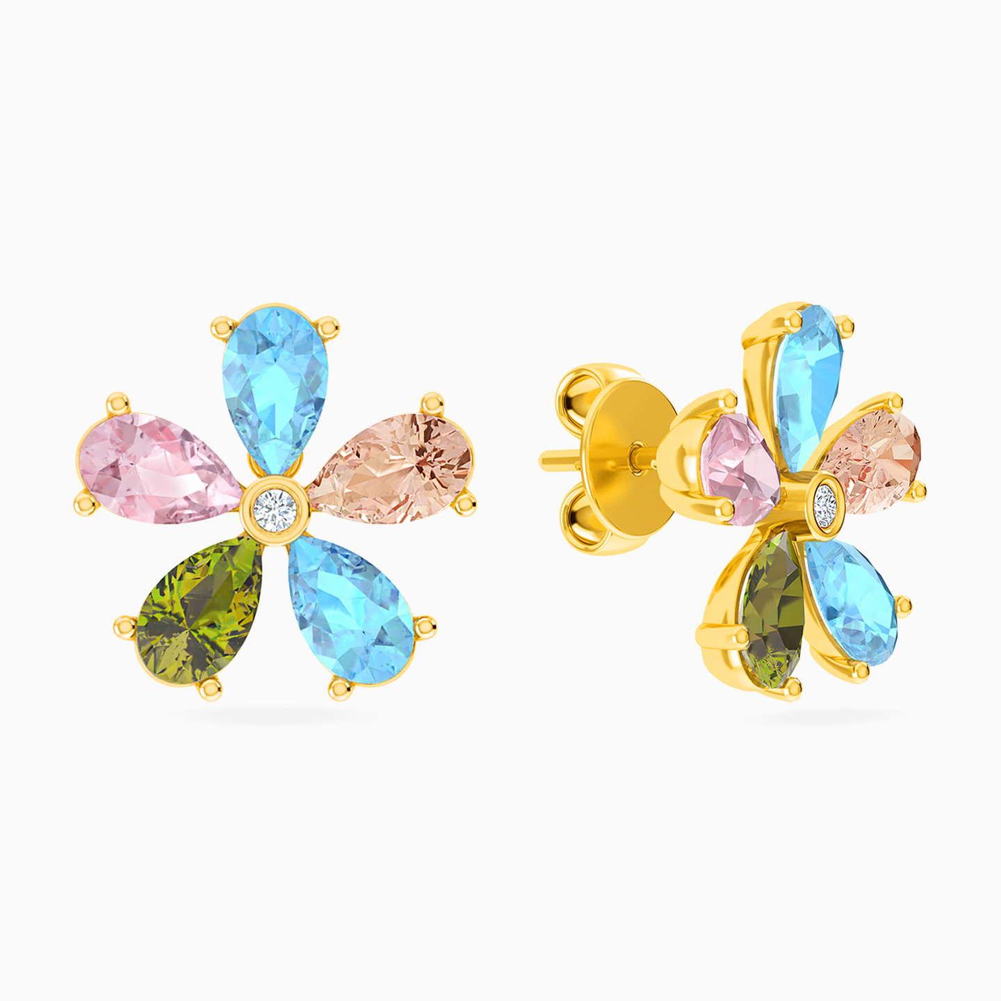 Flower Diamond & Colored Stones Stud Earrings in 18K Gold - 2 Flower Diamond & Colored Stones Stud Earrings in 18K Gold - 2