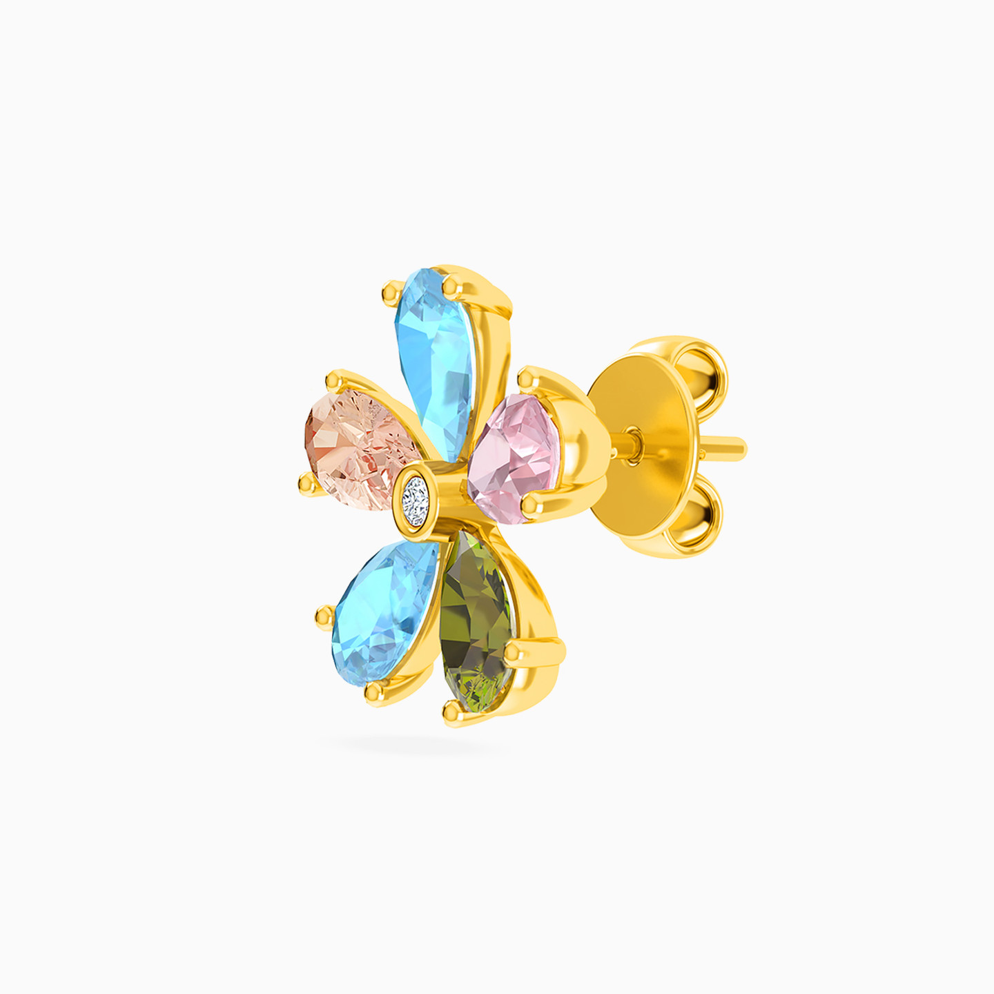 Flower Diamond & Colored Stones Stud Earrings in 18K Gold - 3 Flower Diamond & Colored Stones Stud Earrings in 18K Gold - 3