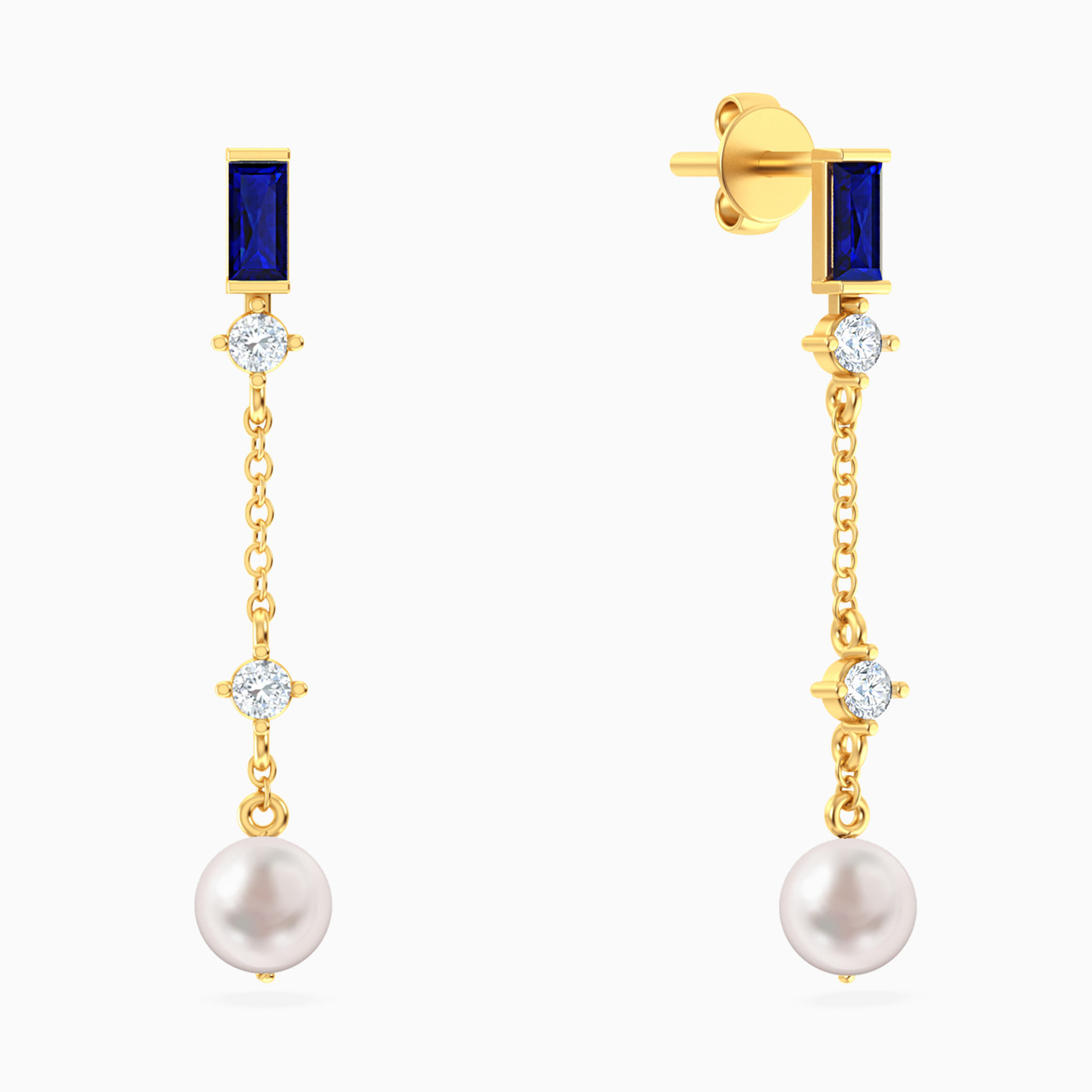Round Pearls & Blue Stone Drop Earrings in 18K Gold - 2 Round Pearls & Blue Stone Drop Earrings in 18K Gold - 2