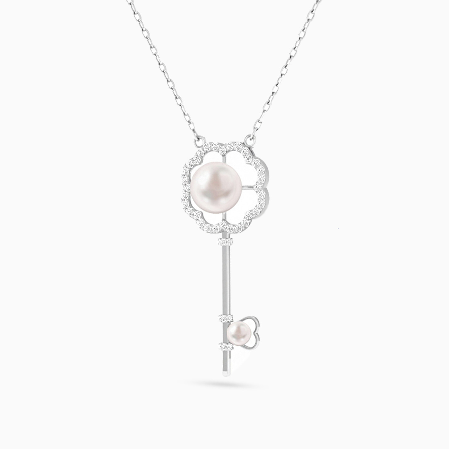 Key Diamond & Pearl Necklace in 18K Gold - 2 Key Diamond & Pearl Necklace in 18K Gold - 2