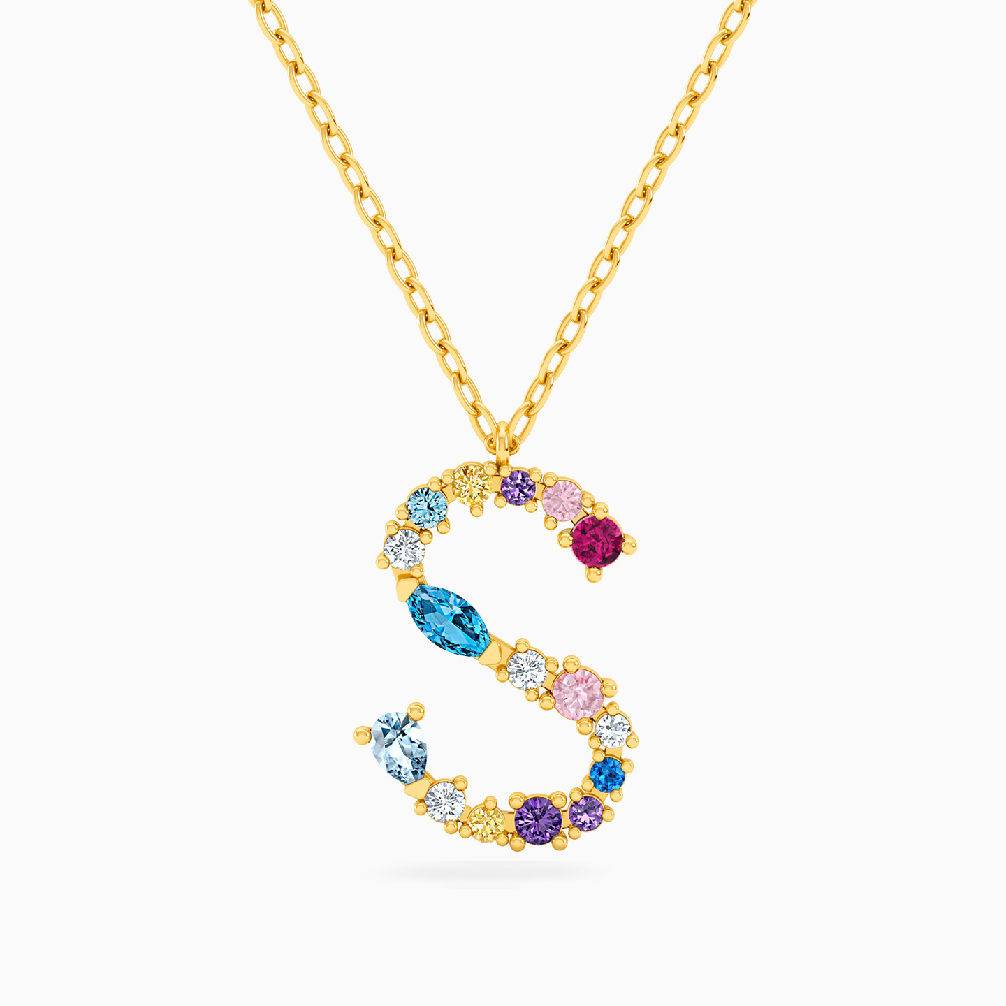 Letter S Shaped Colored Stones Pendant with 18K Gold Chain