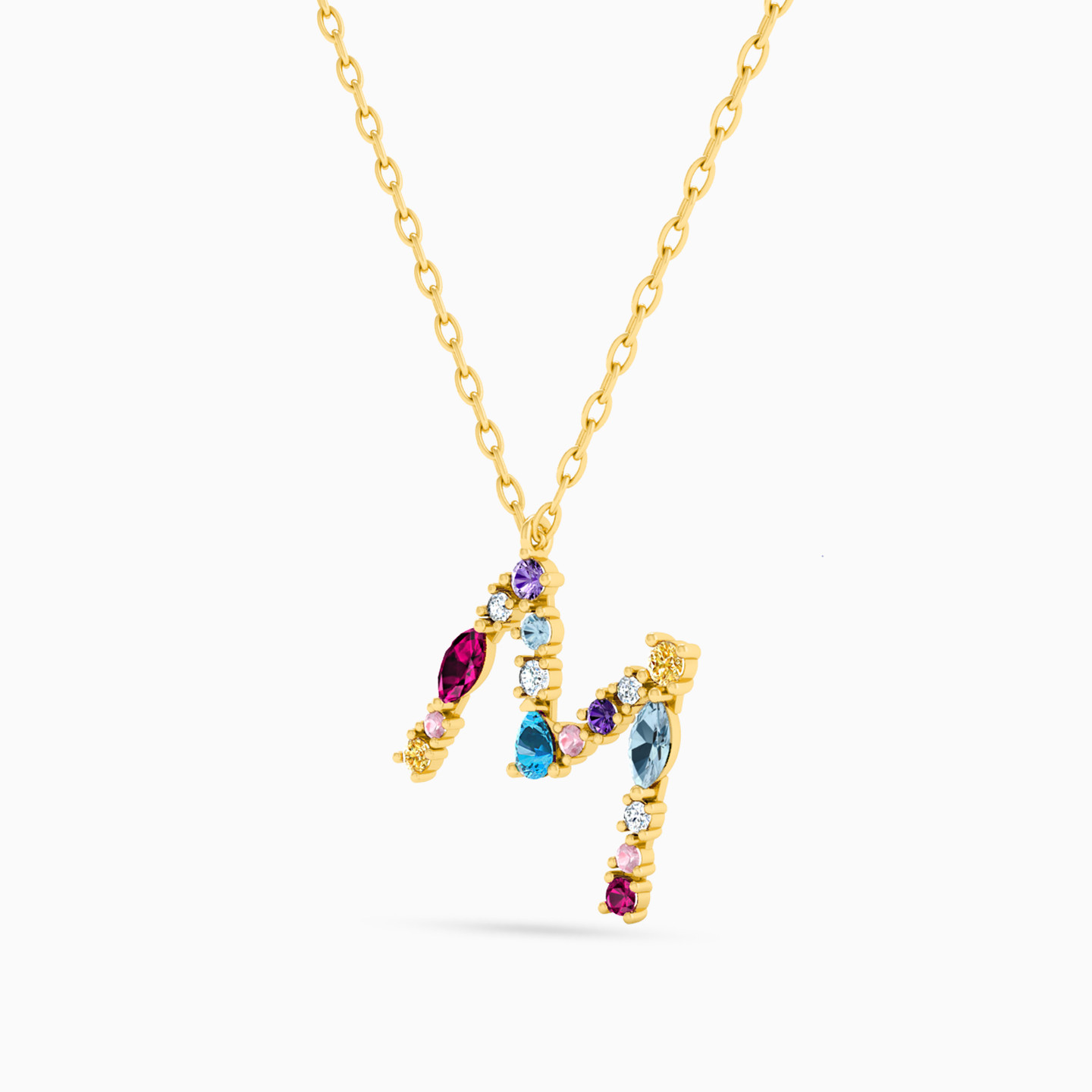 Letter M Shaped Colored Stones Pendant with 18K Gold Chain - 2