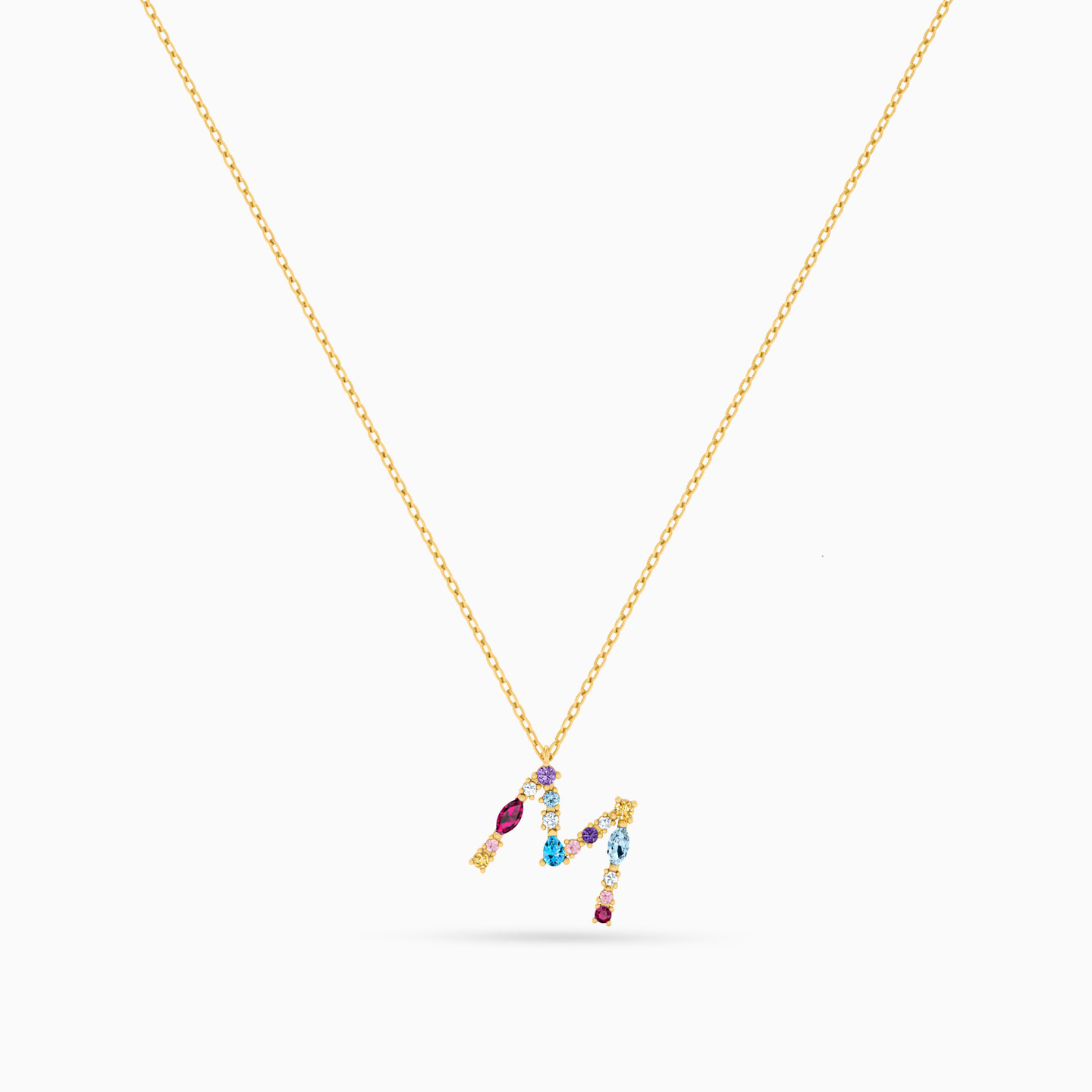 Letter M Shaped Colored Stones Pendant with 18K Gold Chain - 3