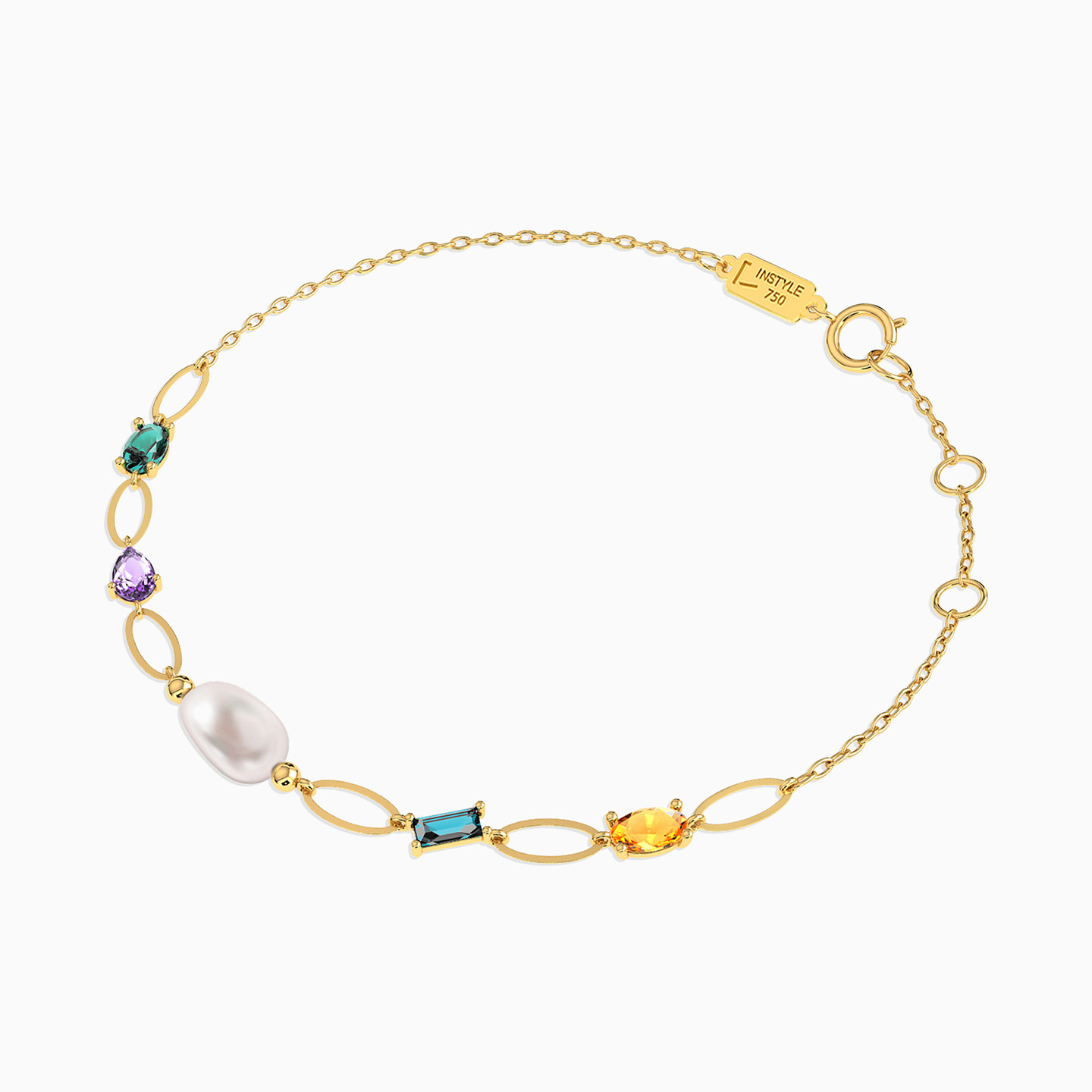 18K Gold Pearls & Colored Stones Chain Bracelet - 2