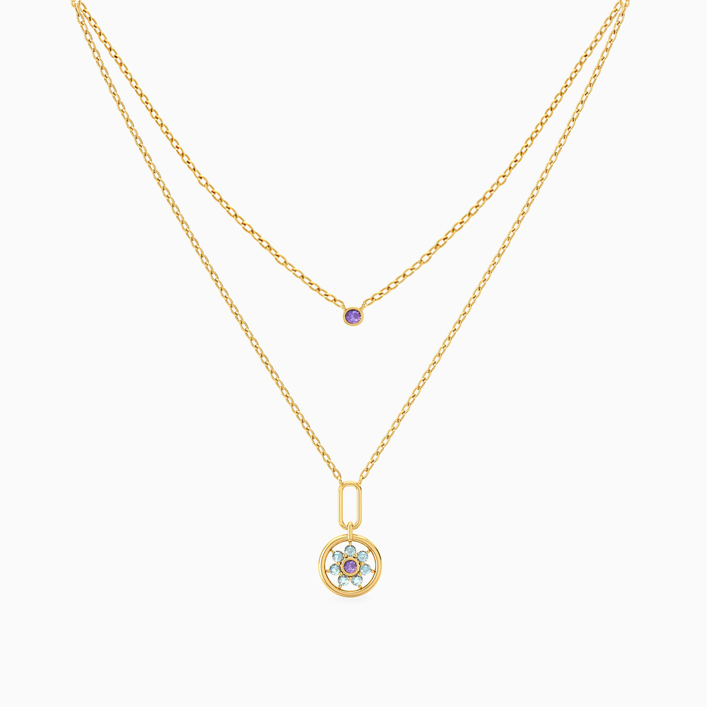 Flower Colored Stones Layered Necklace in 18K Gold