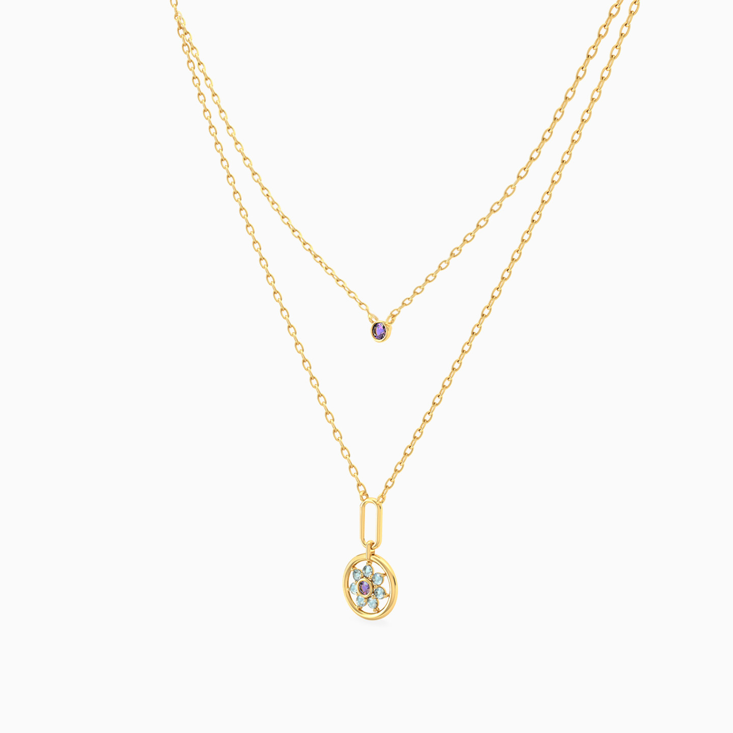 Flower Colored Stones Layered Necklace in 18K Gold - 2