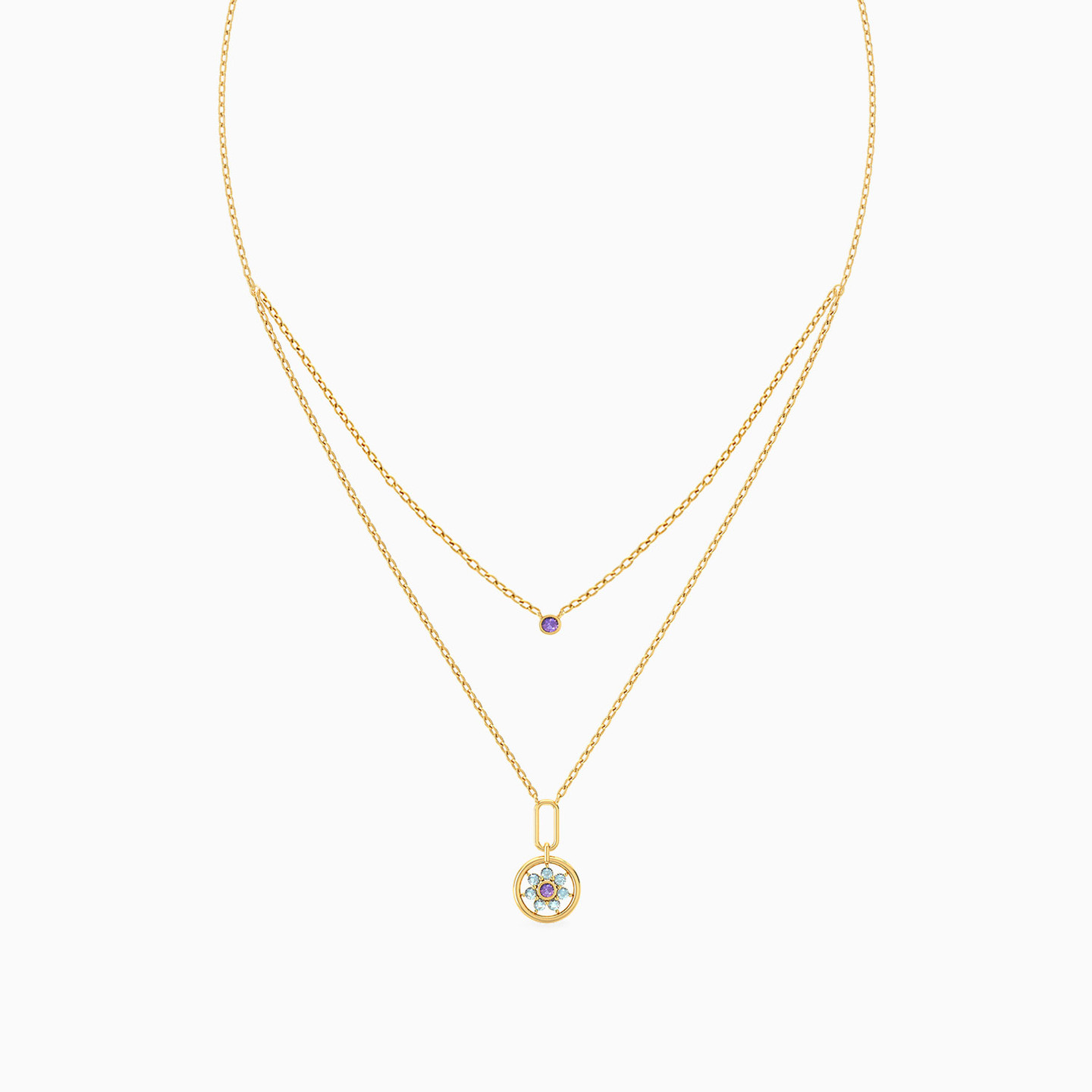 Flower Colored Stones Layered Necklace in 18K Gold - 3