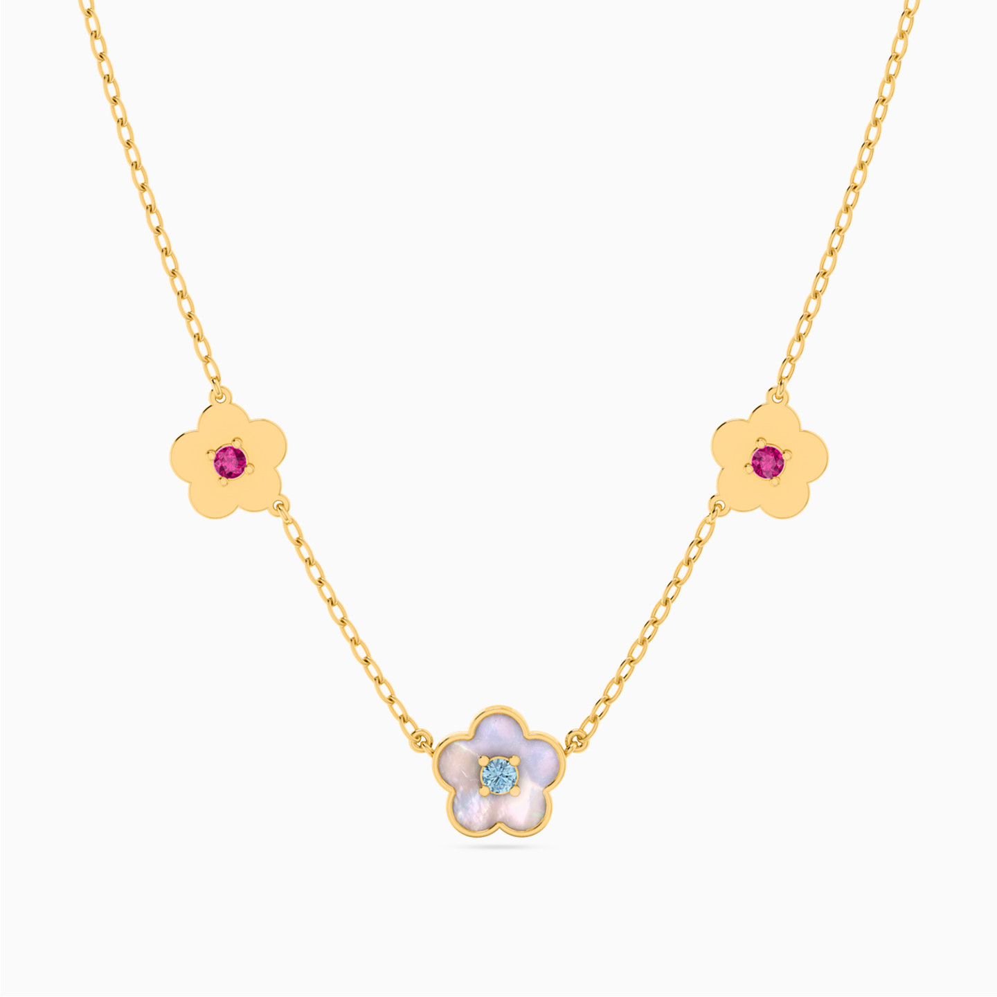 Flower Colored Stones Chain Necklace in 18K Gold